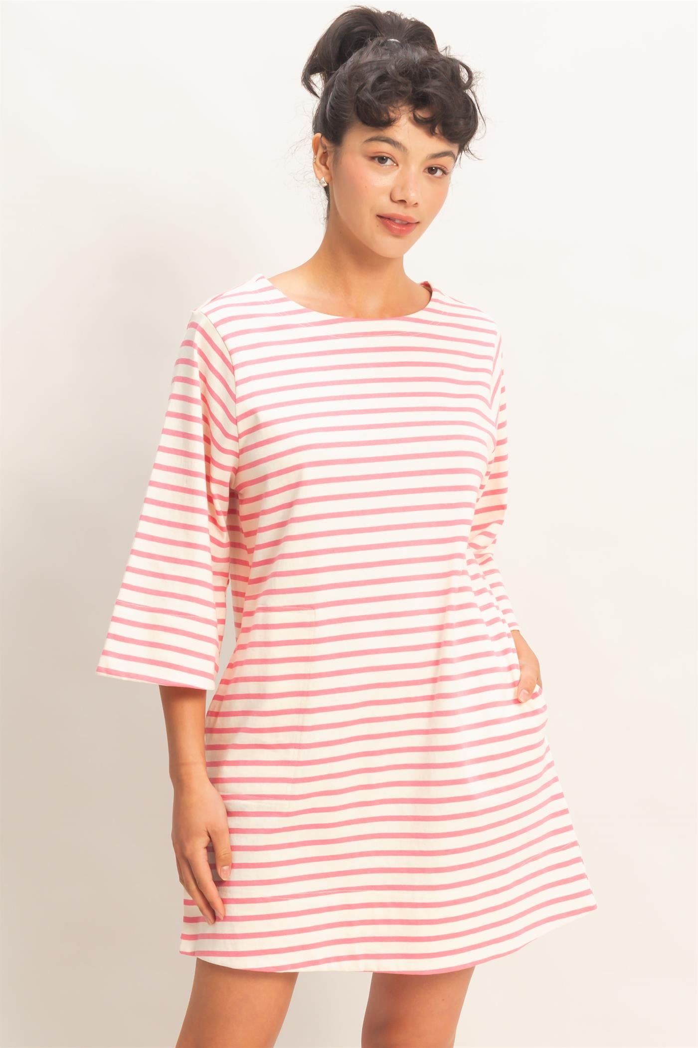 Wholesale Striped Round Neck Half-Sleeve Mini Dress Dresses DZ26A460 PINK DOUBLE ZERO
