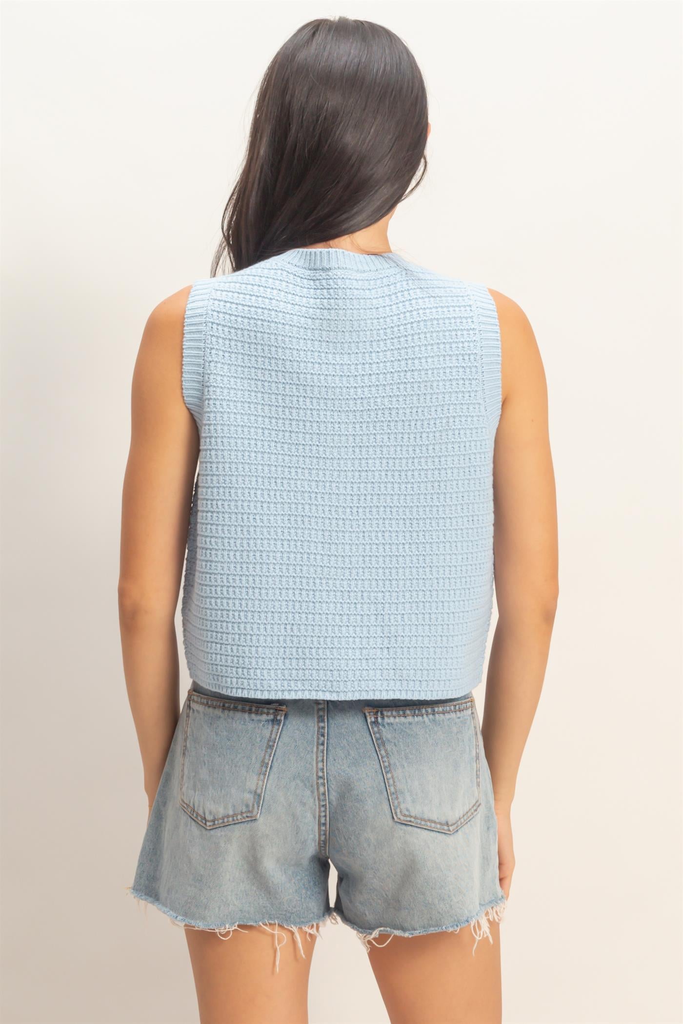 Wholesale Textured Button-Front Vest With Pocket Clothing Tops DZ26A448 ICE BLUE DOUBLE ZERO
