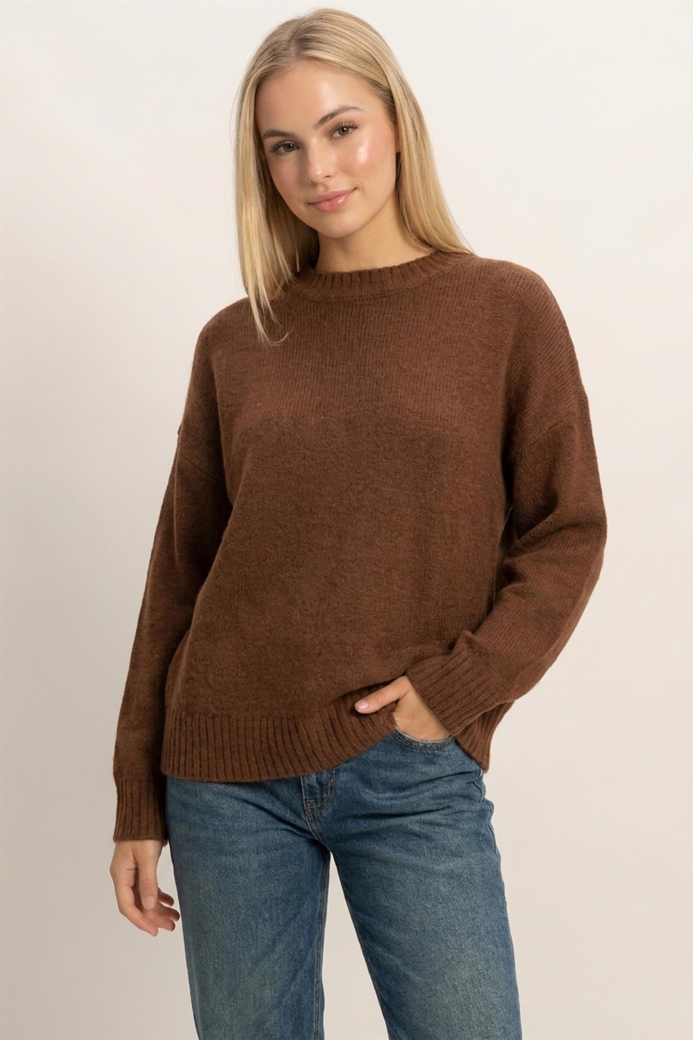 Wholesale Ribbed Crew Neck Sweater Sweaters HF26F179-D BROWN HYFVE