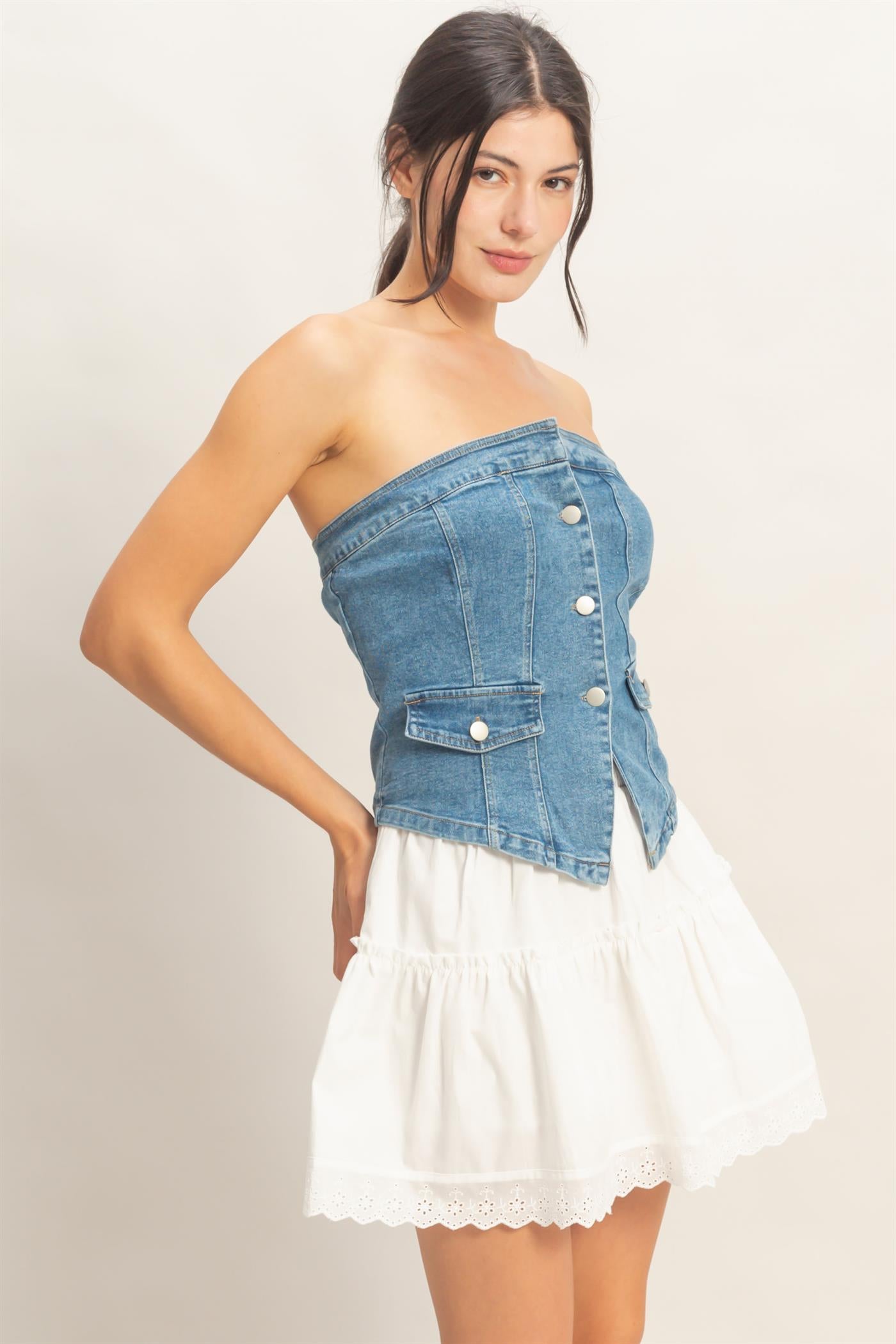 Wholesale Strapless Button-Up Denim Top Clothing Tops HF26A410 L.DENIM HYFVE