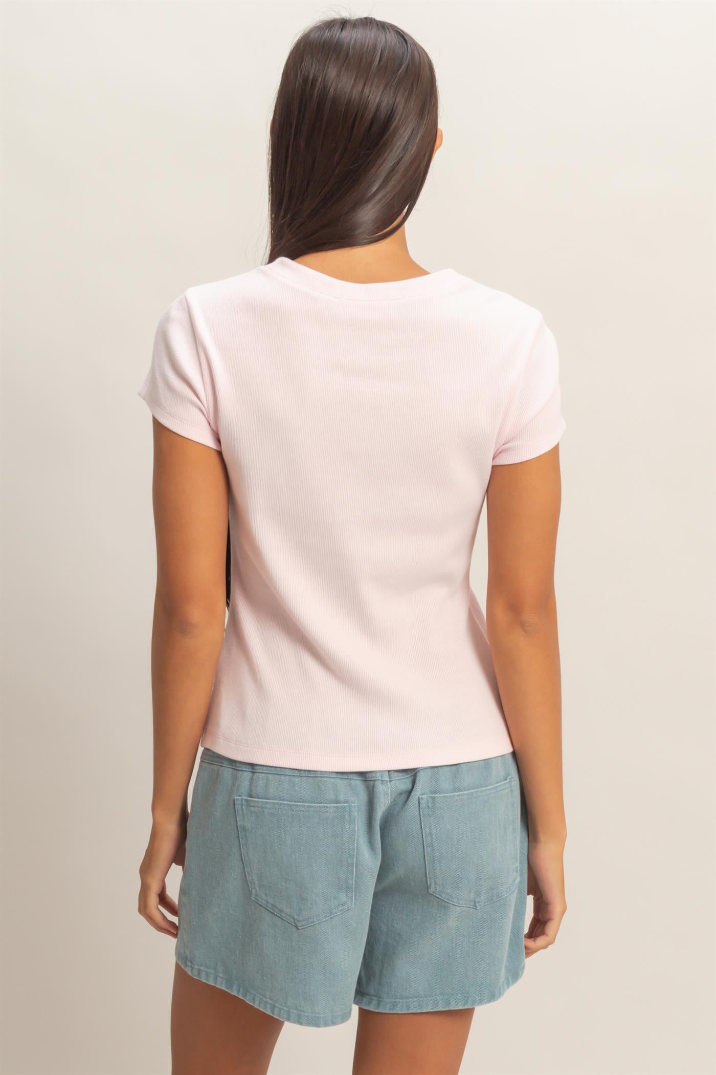 Wholesale Ribbed Button-Front Crew Neck Top Clothing Tops DZ26A727 SOFT PINK DOUBLE ZERO