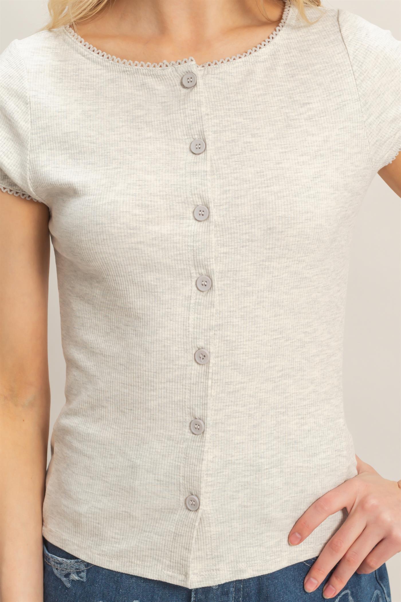 Wholesale Scalloped Button Front Top Clothing Tops HF26C607 HEATHER GRAY HYFVE