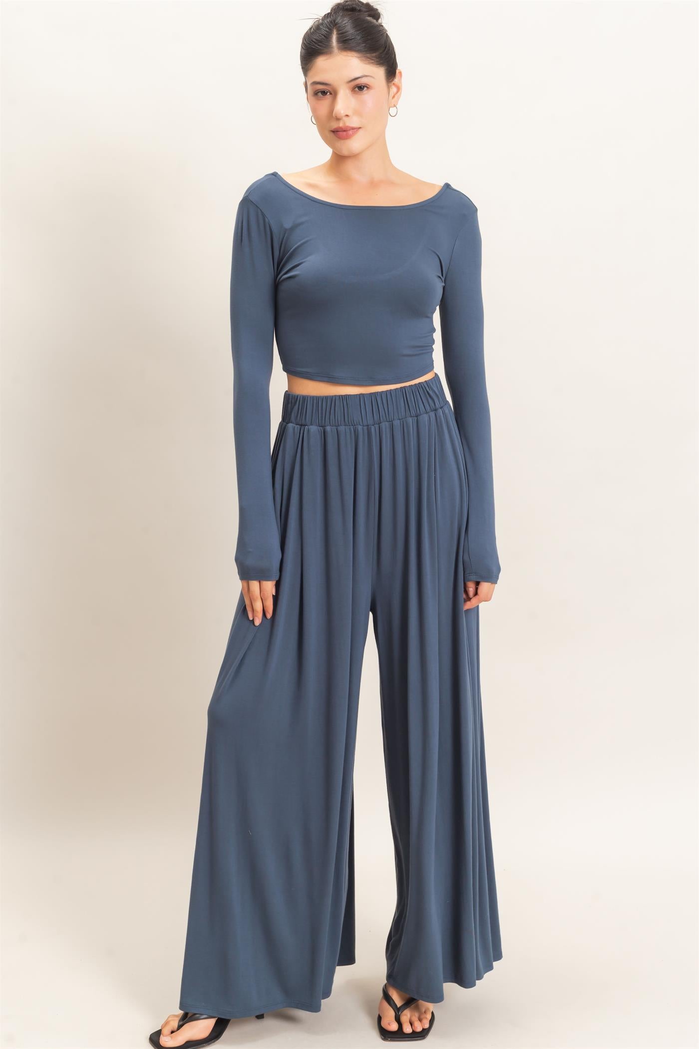Wholesale Long Sleeve Top & Wide Leg Pants Set Clothing HF26F227-SET-D MIDNIGHT BLUE HYFVE