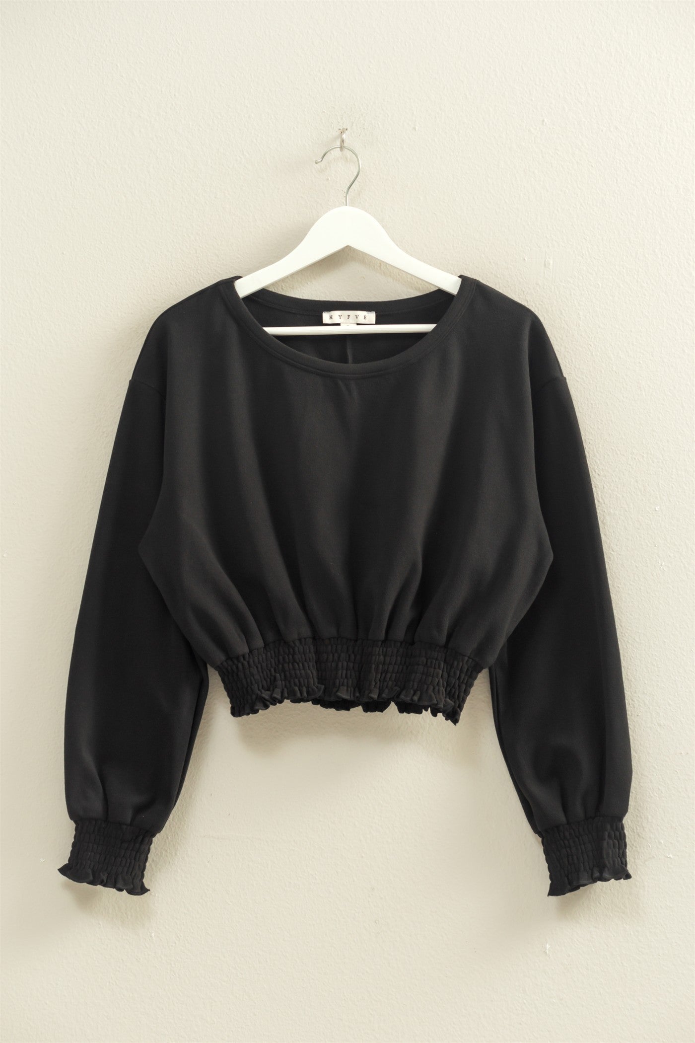 Wholesale Brushed Knit Smocked Crop Top Clothing Tops HF24C116 BLACK HYFVE