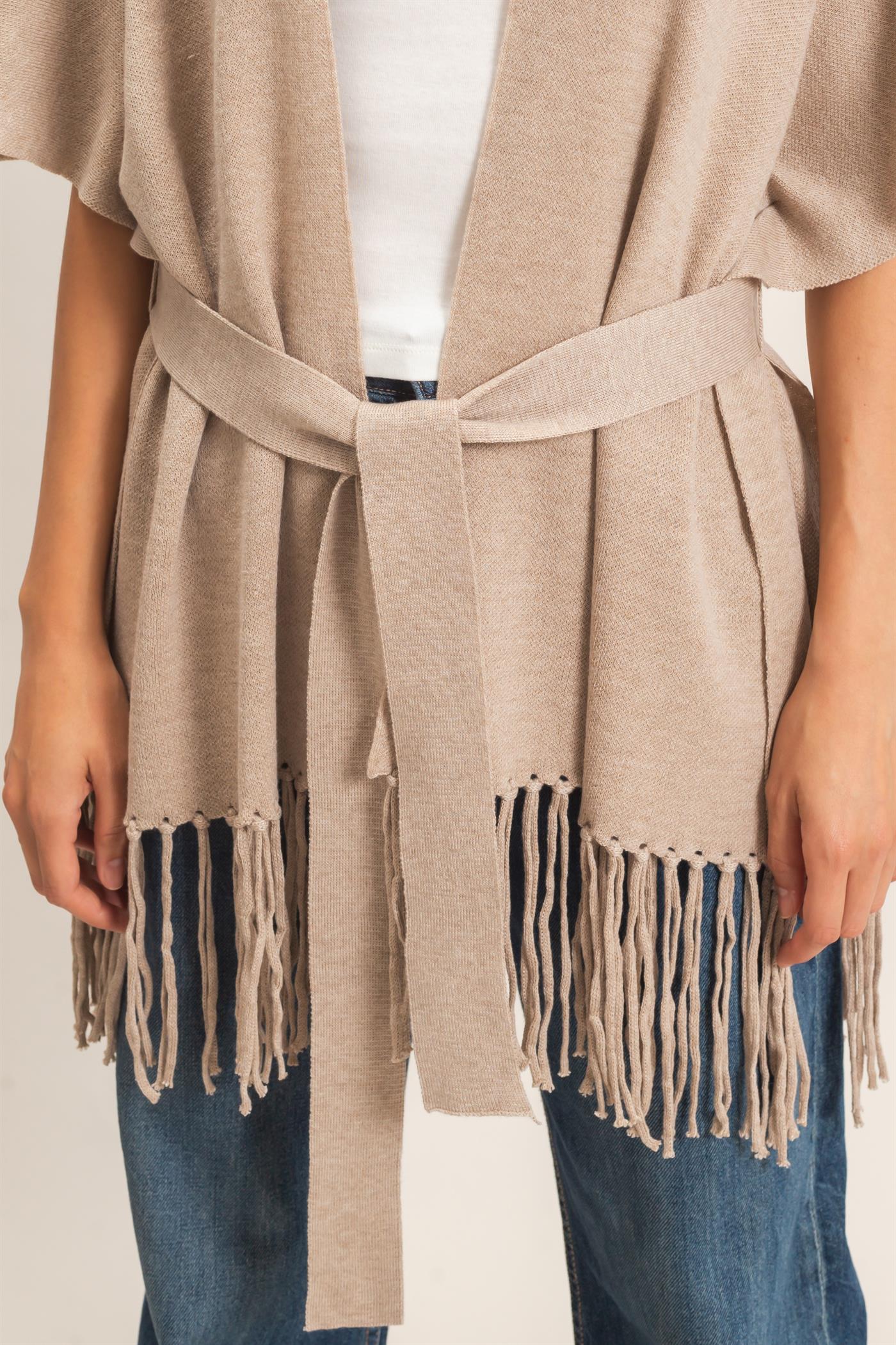 Wholesale Fringe Hem Kimono Sweater Kimonos HF26E041 CAMEL HYFVE
