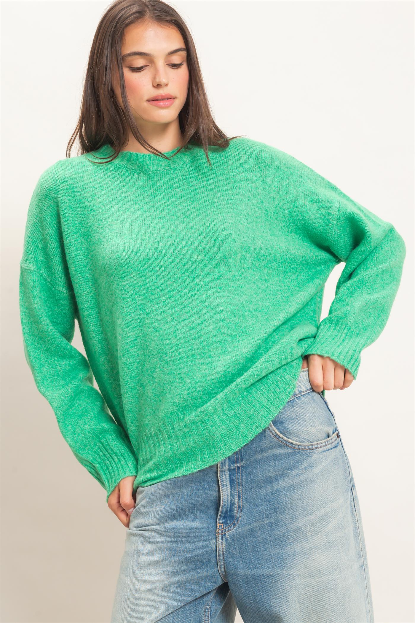 Wholesale Ribbed Crew Neck Sweater Sweaters HF26F179-D GREEN HYFVE
