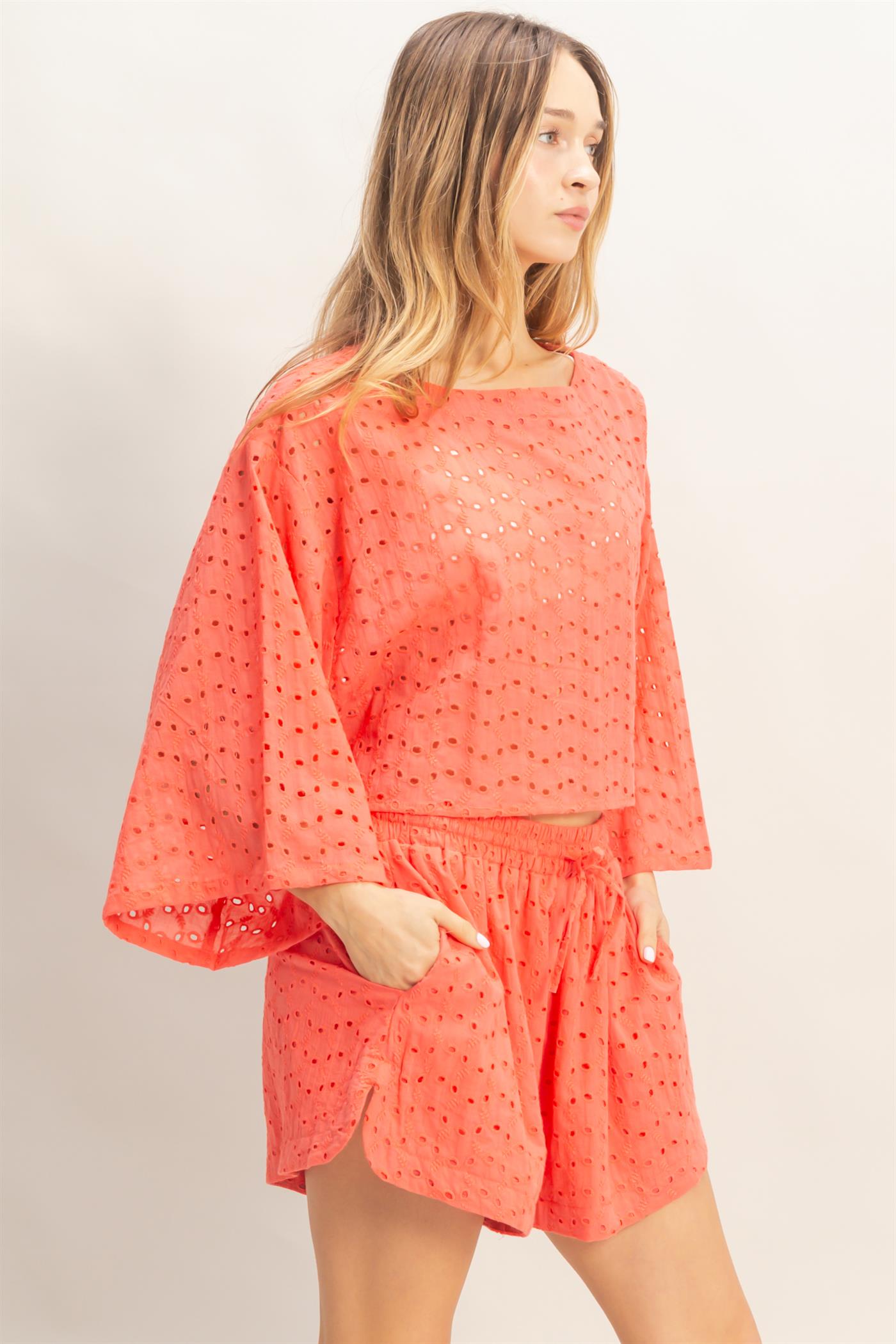 Wholesale Eyelet Long Sleeve Top & Shorts Set Clothing HF26A066-SET ORANGE RED HYFVE