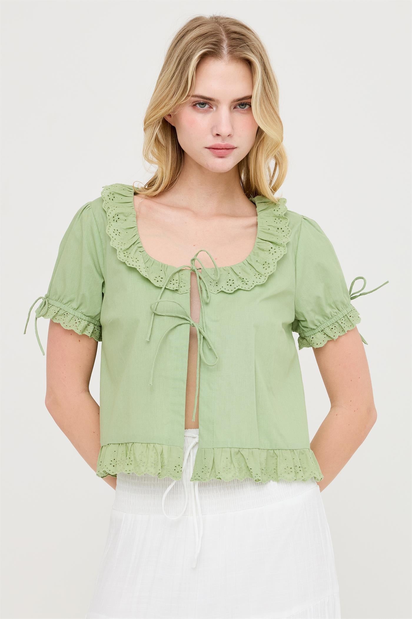 Wholesale Lace Trim Peasant Top Blouses HF26C137 LIGHT OLIVE HYFVE