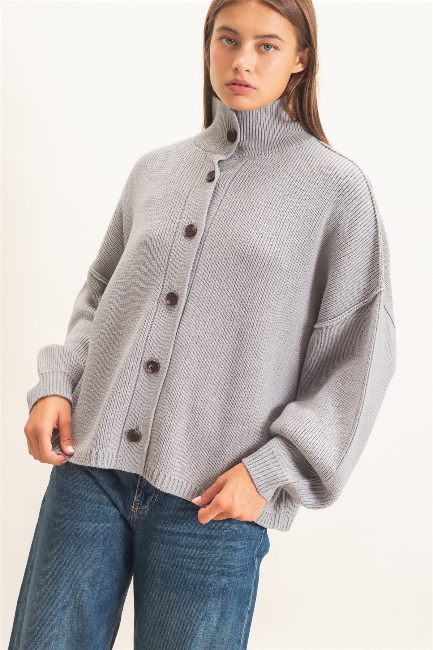 Wholesale High Neck Oversized Cardigan Cardigans DZ26E280 GRAY DOUBLE ZERO