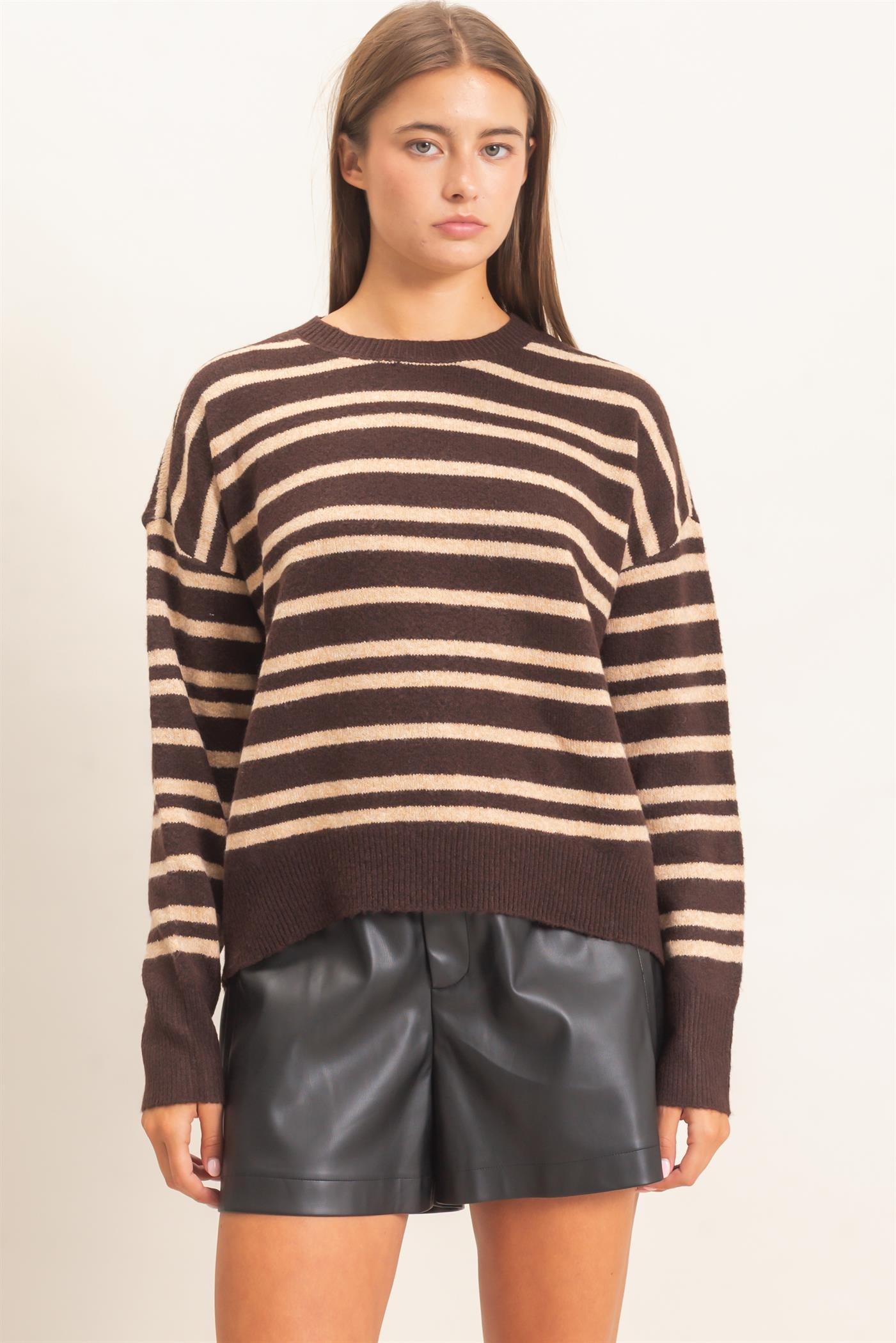 Wholesale Striped Crew Neck Sweater Sweaters DZ26E389 DARK BROWN DOUBLE ZERO