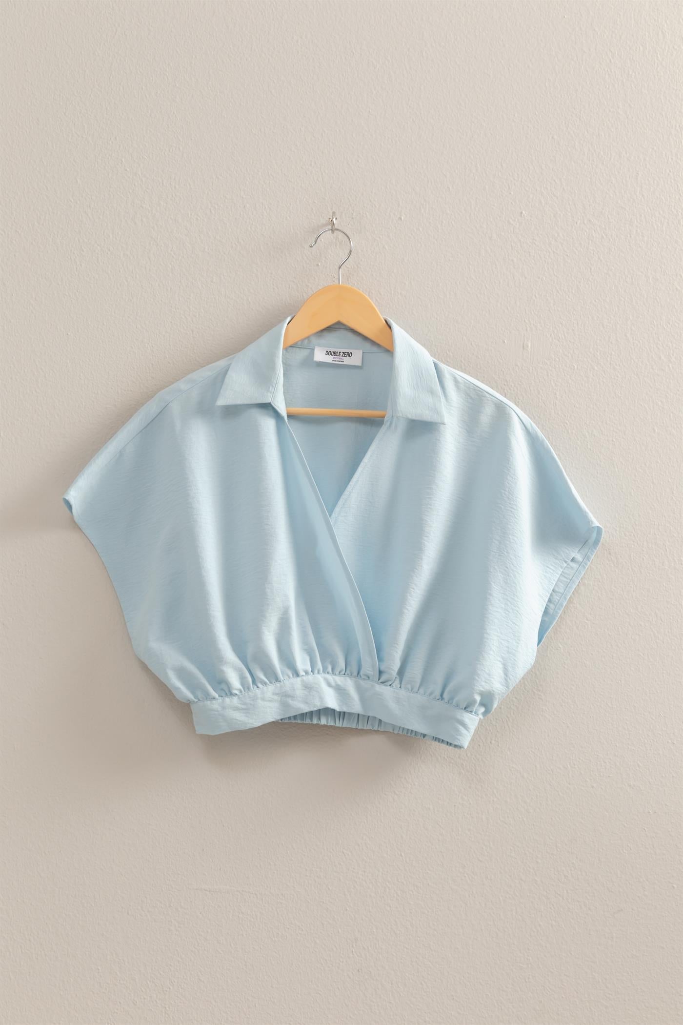 Wholesale Casual Batwing Sleeves Surplice Top Blouses DZ25C243 ICE BLUE DOUBLE ZERO