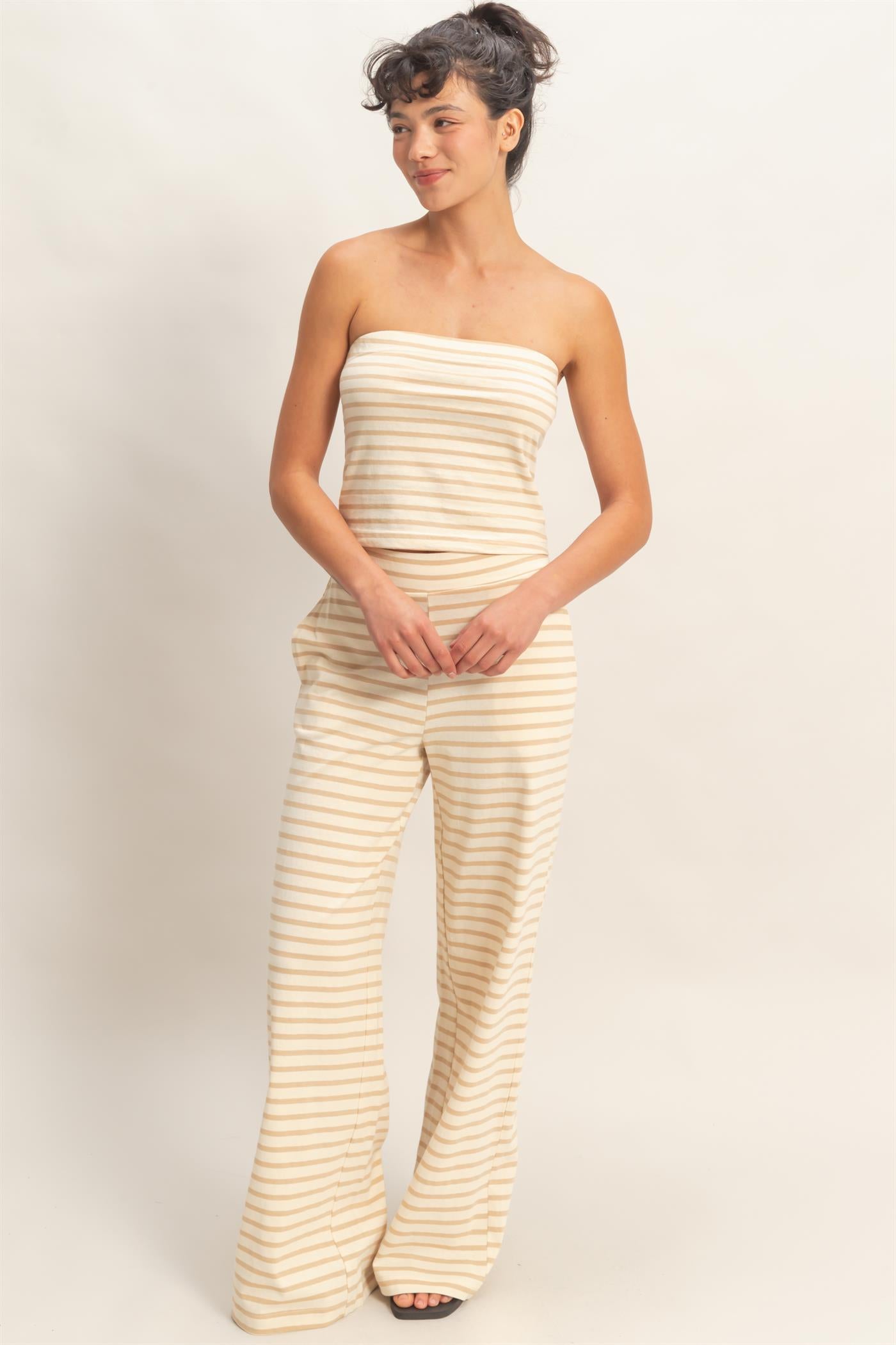 Wholesale Striped Jersey Tube Top And Pants Set Clothing DZ26C621-SET TAUPE DOUBLE ZERO