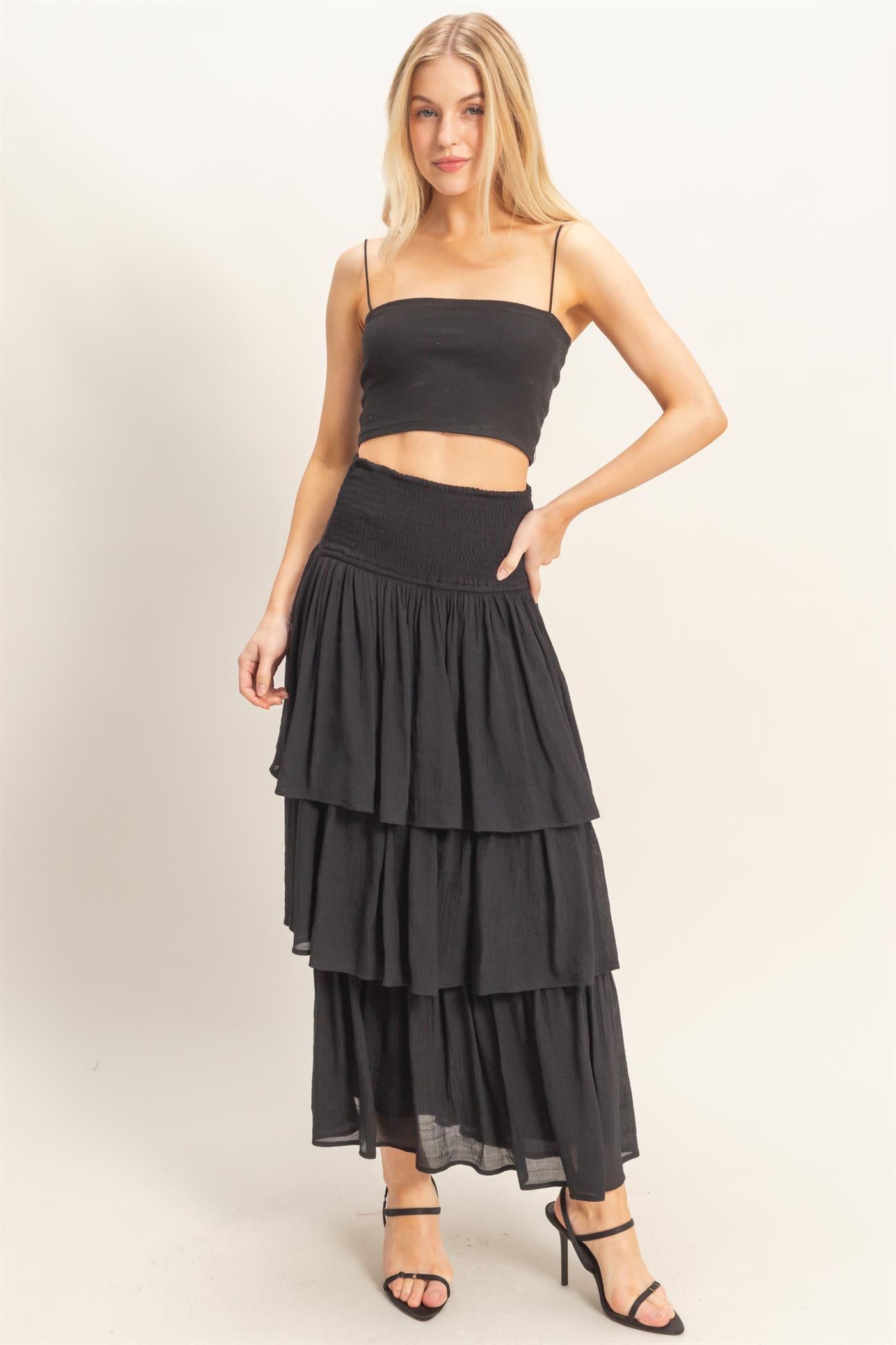 Wholesale Tiered Smocked Waist Skirt Skirts HF26C188-D BLACK HYFVE