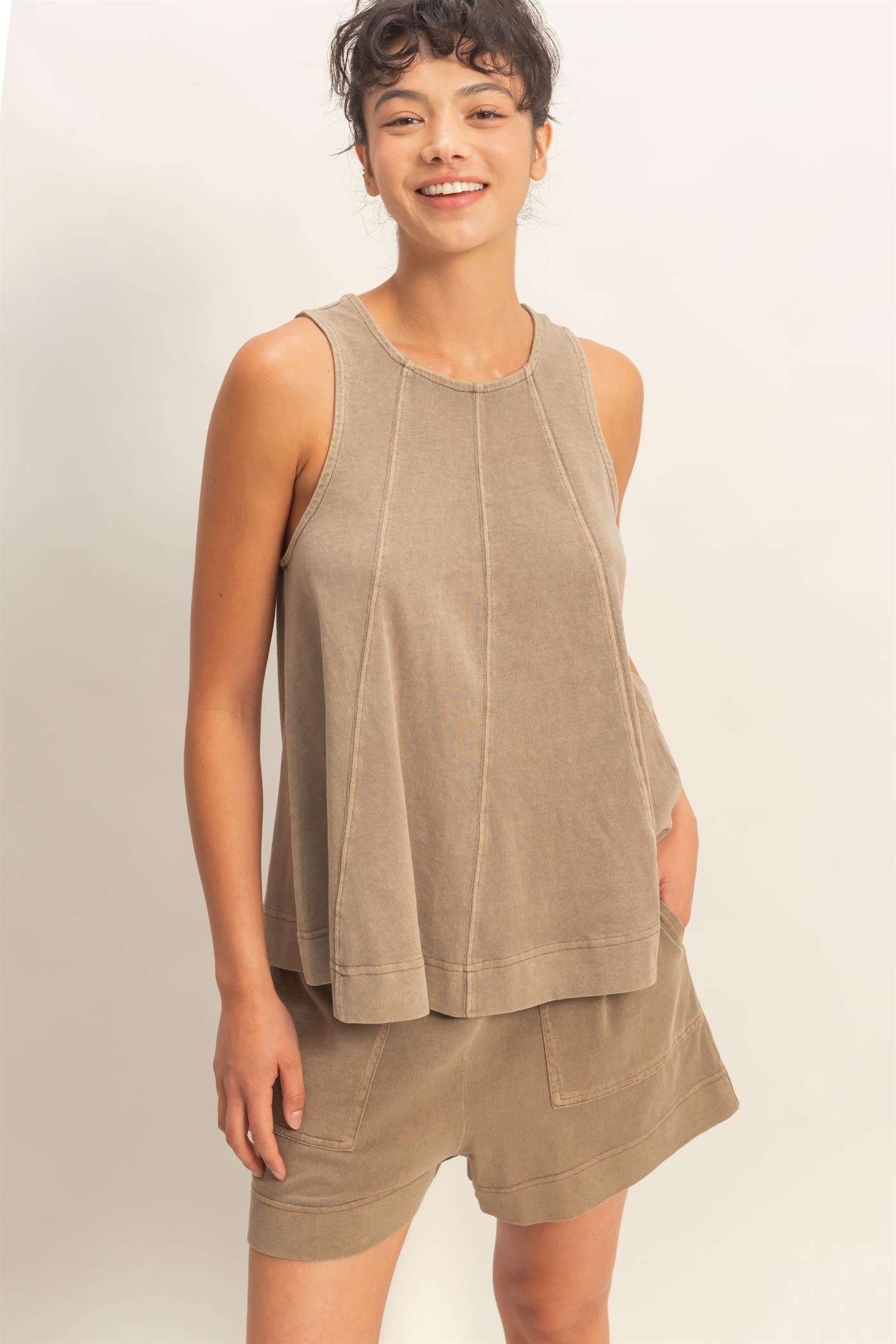 Wholesale Sleeveless Round Neck Top & Shorts Set Clothing DZ26C730-SET MOCHA DOUBLE ZERO