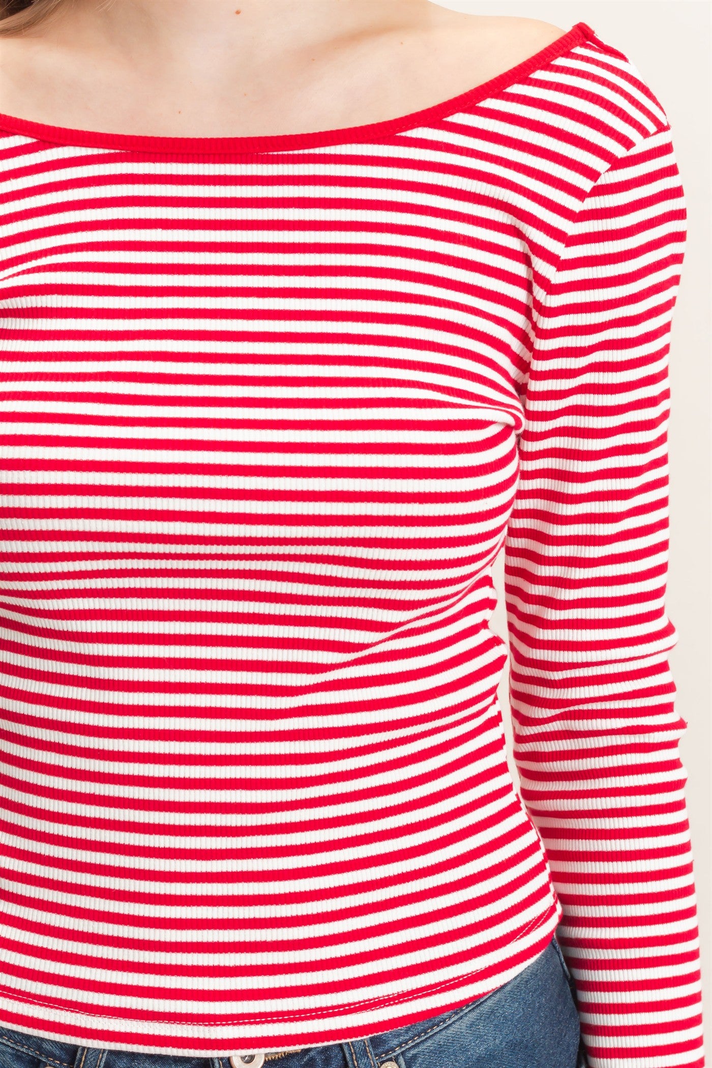 Wholesale Striped Boat Neck Long Sleeve Top Clothing Tops HF26F080 RED/WHITE HYFVE
