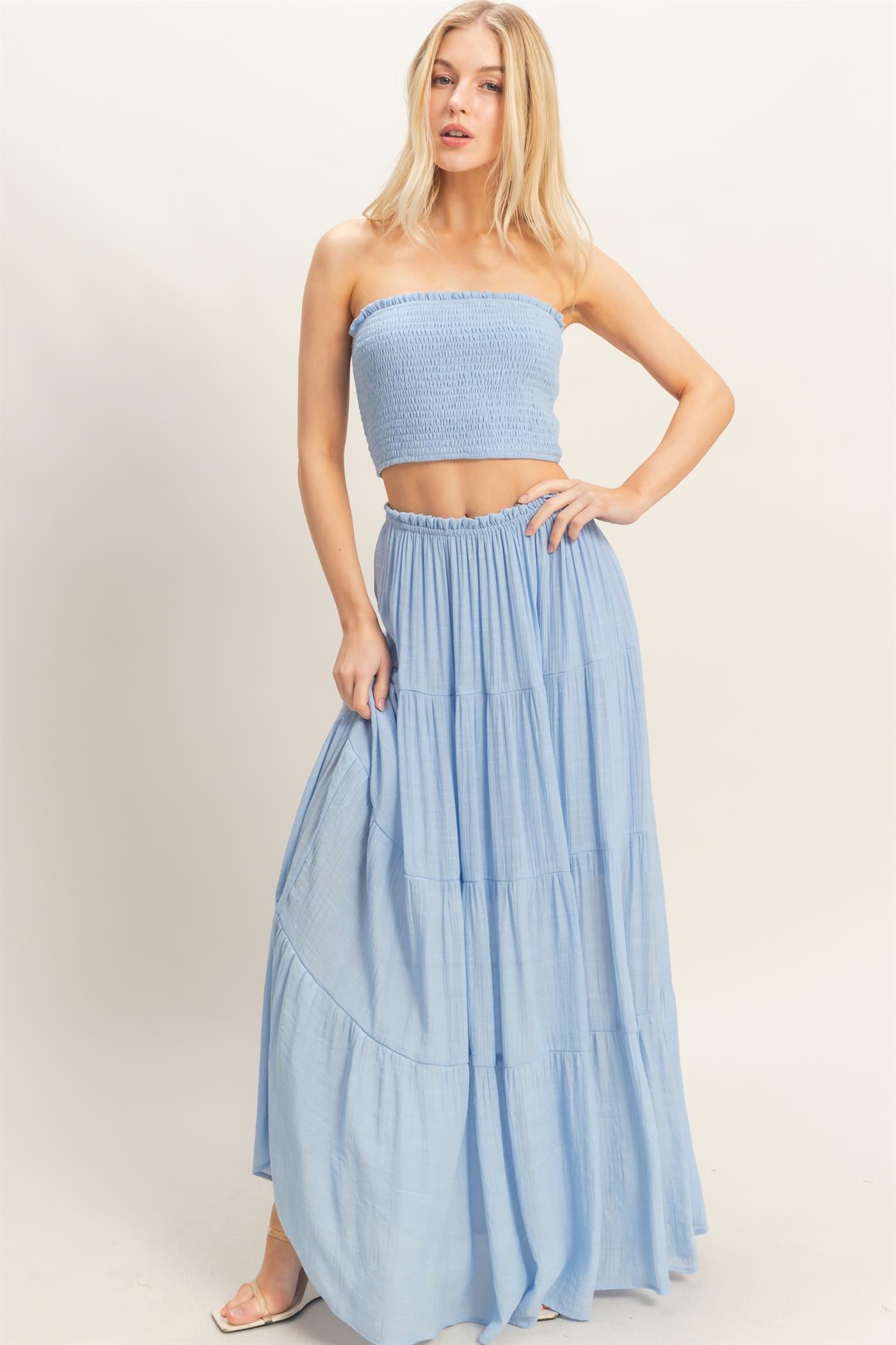 Wholesale Smocked Tube Top & Tiered Skirt Set Clothing HF26C289-SET-D POWDER BLUE HYFVE