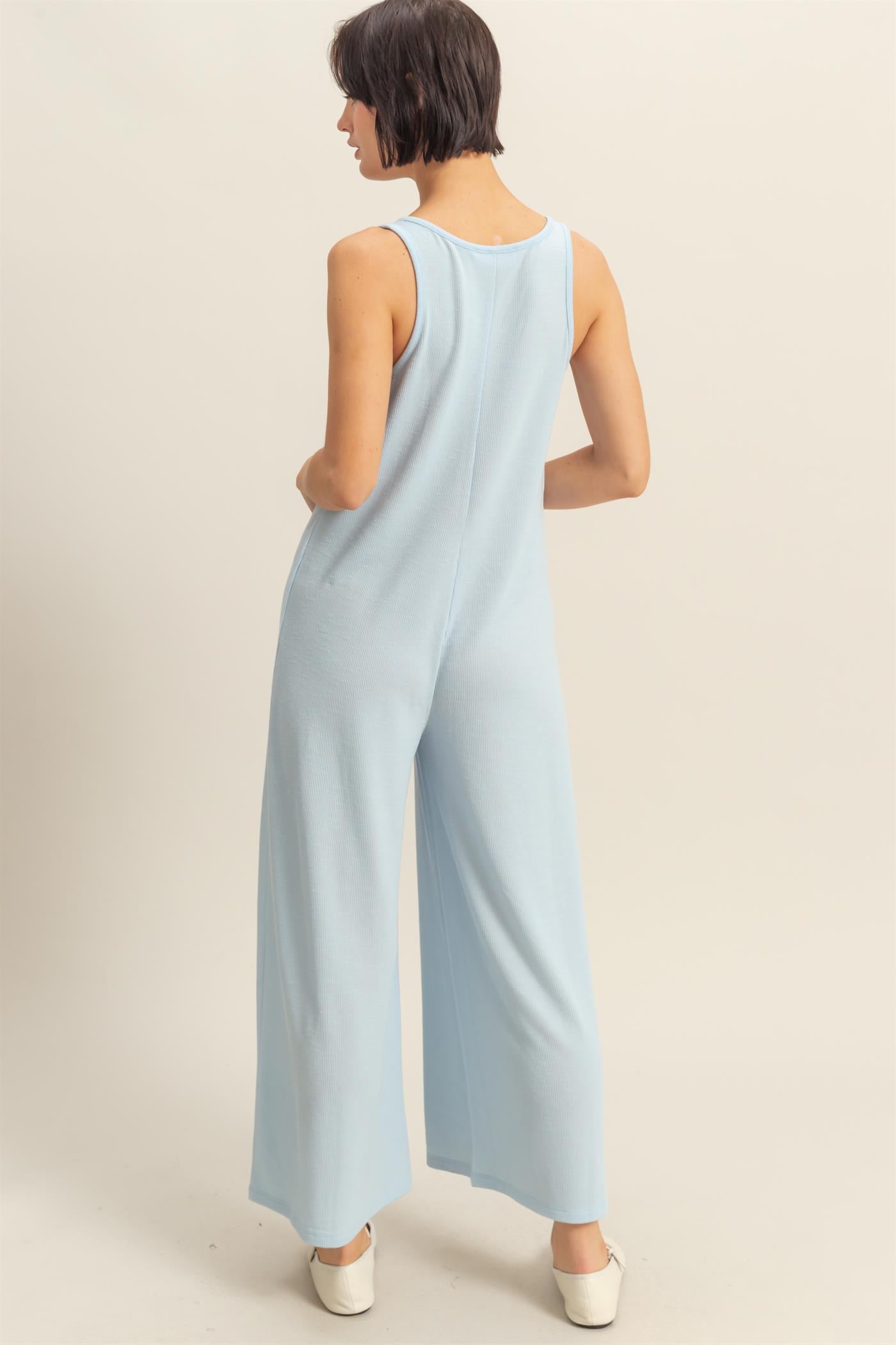 Wholesale V-Neck Sleeveless Wide Leg Jumpsuit Clothing DZ25C805 ICE BLUE DOUBLE ZERO