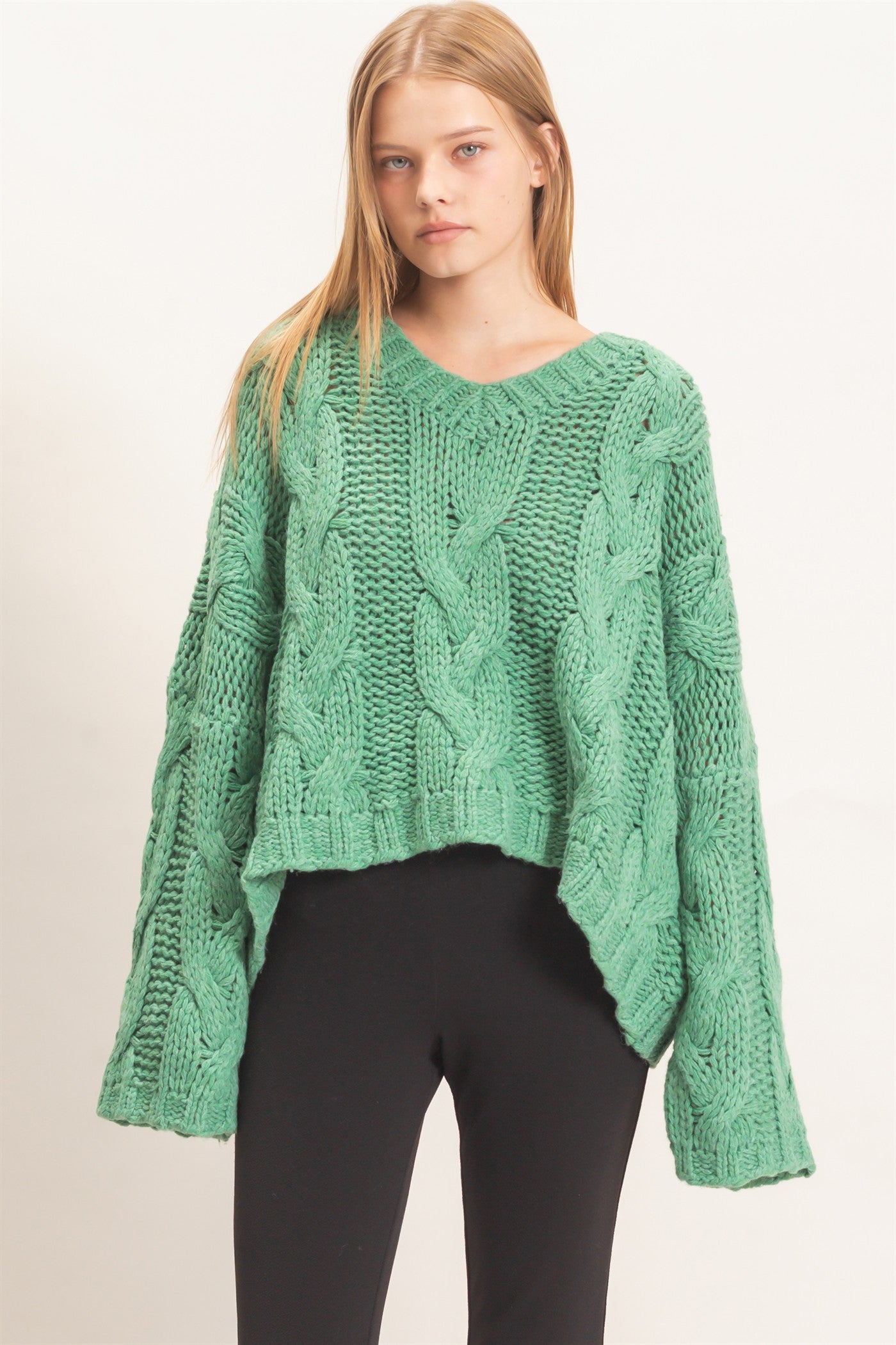 Wholesale Cable Knit V-Neck Sweater Sweaters HF26F175-D GREEN HYFVE