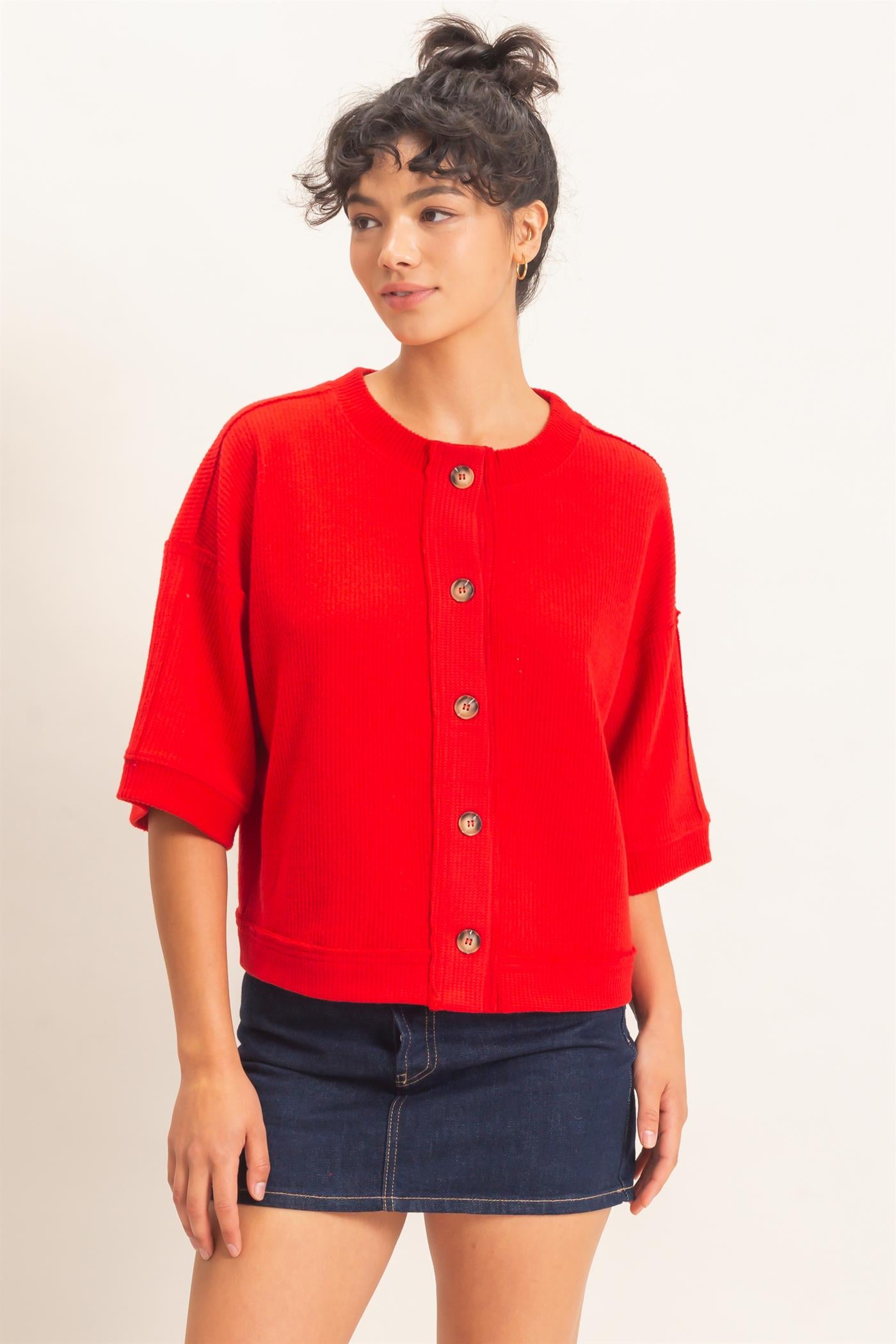 Wholesale Button-Down Short Sleeve Waffle Top Clothing Tops DZ26F244 RED DOUBLE ZERO
