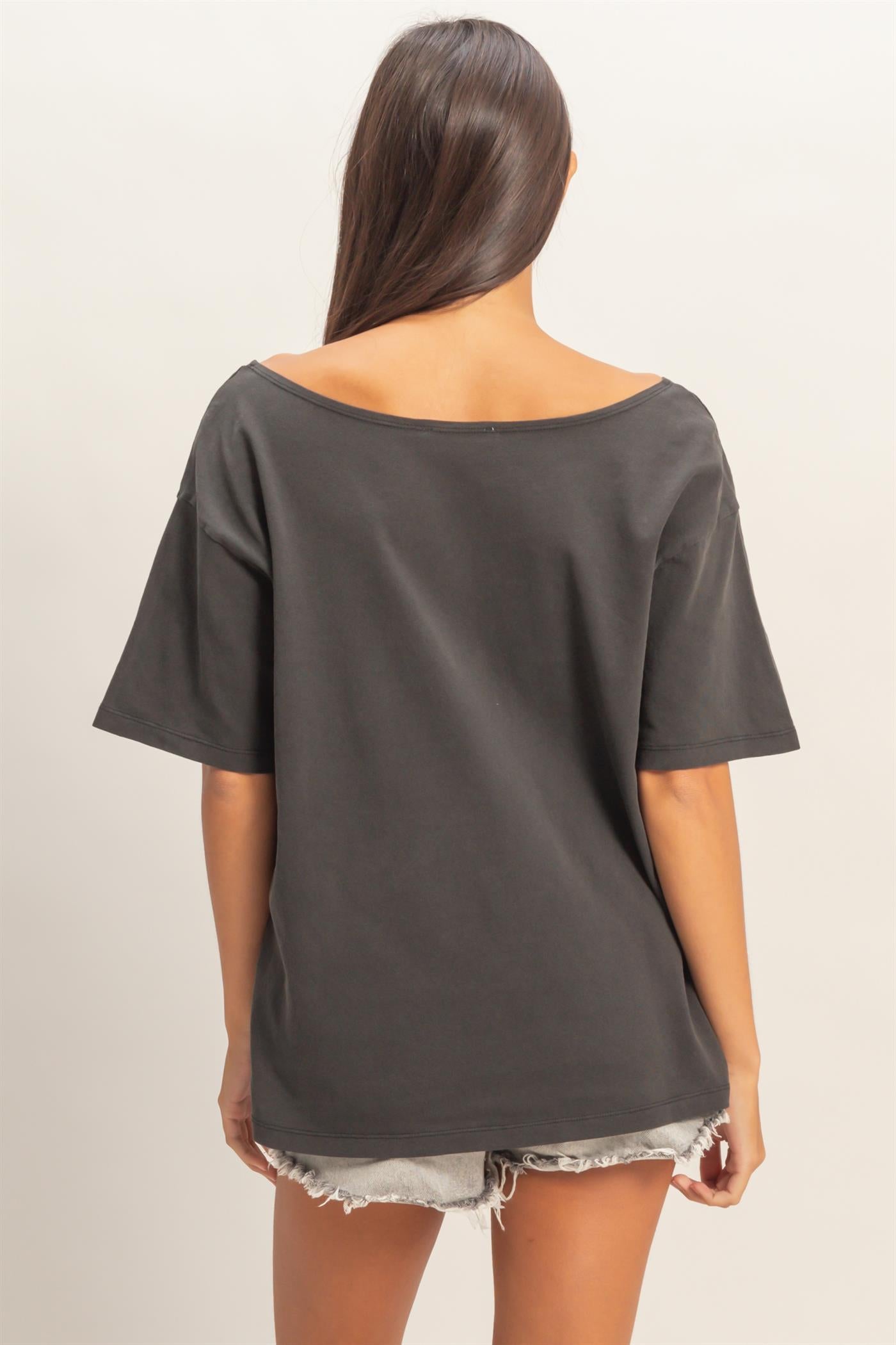 Wholesale Boat Neck Short Sleeve Basic Tee Clothing Tops DZ25E242 BLACK DOUBLE ZERO