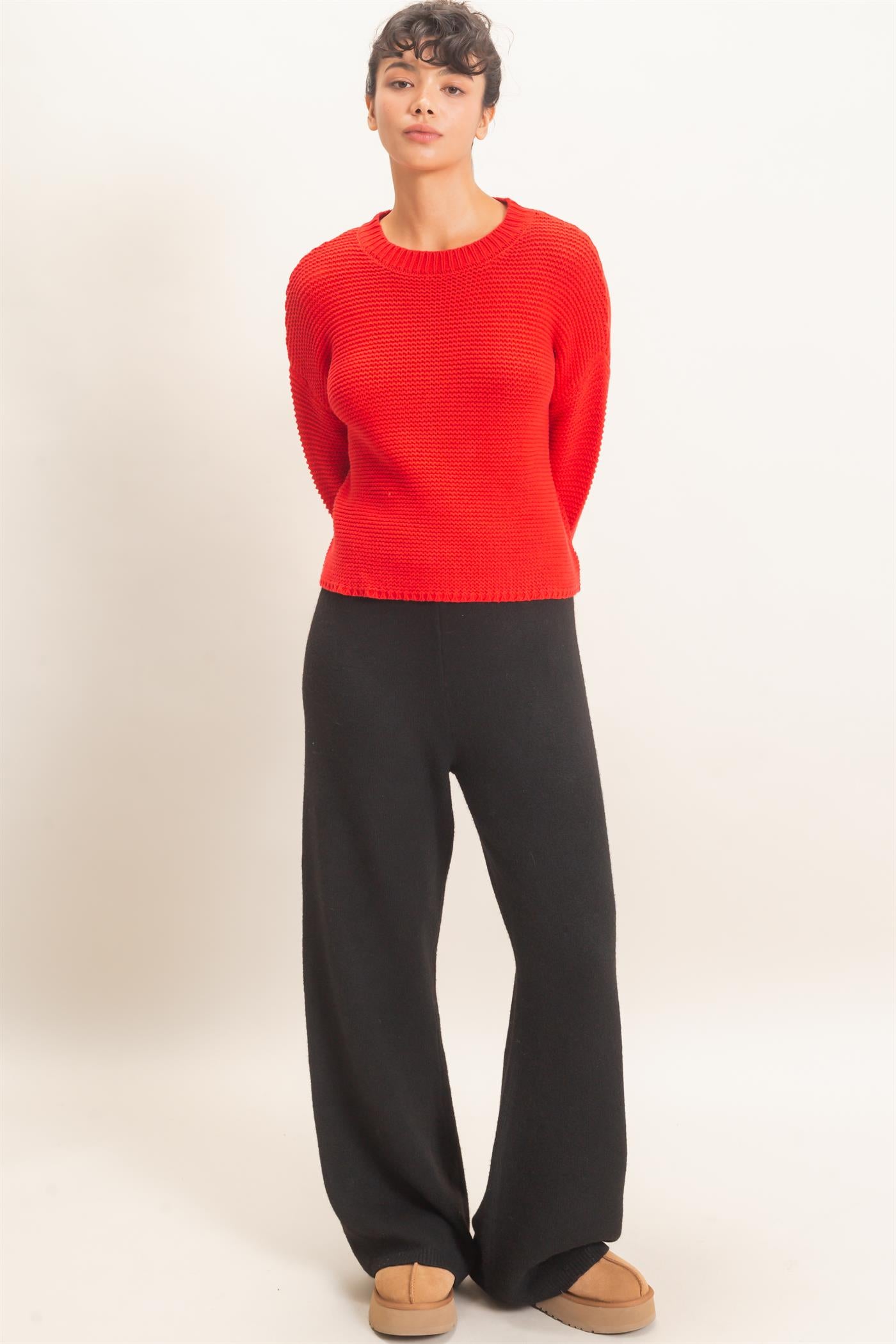 Wholesale Textured Knit Crew Neck Sweater Sweaters DZ26F395 RED DOUBLE ZERO