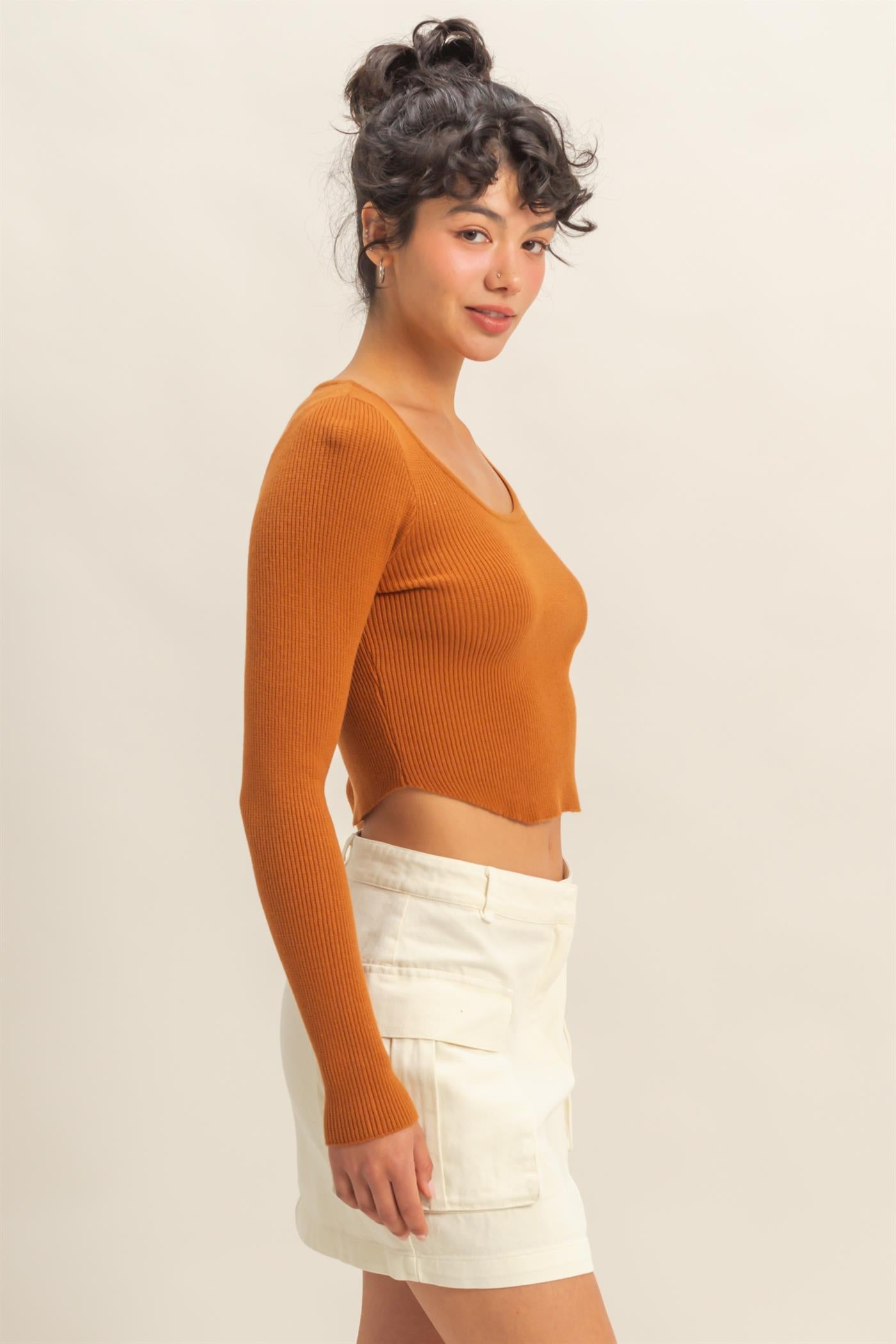 Wholesale Scoop Neck Long Sleeve Fitted Knit Top Clothing Tops DZ25E353 CARAMEL DOUBLE ZERO