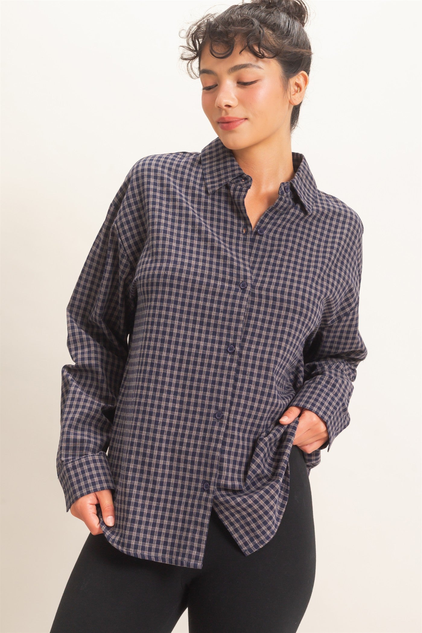 Wholesale Plaid Button-Up Shirt Shirts DZ26F012 NAVY DOUBLE ZERO