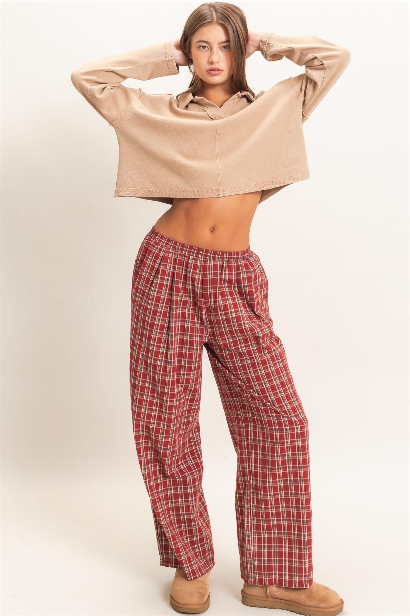 Wholesale Elastic Waist Plaid Pants Pants DZ26E375 DARK RED DOUBLE ZERO