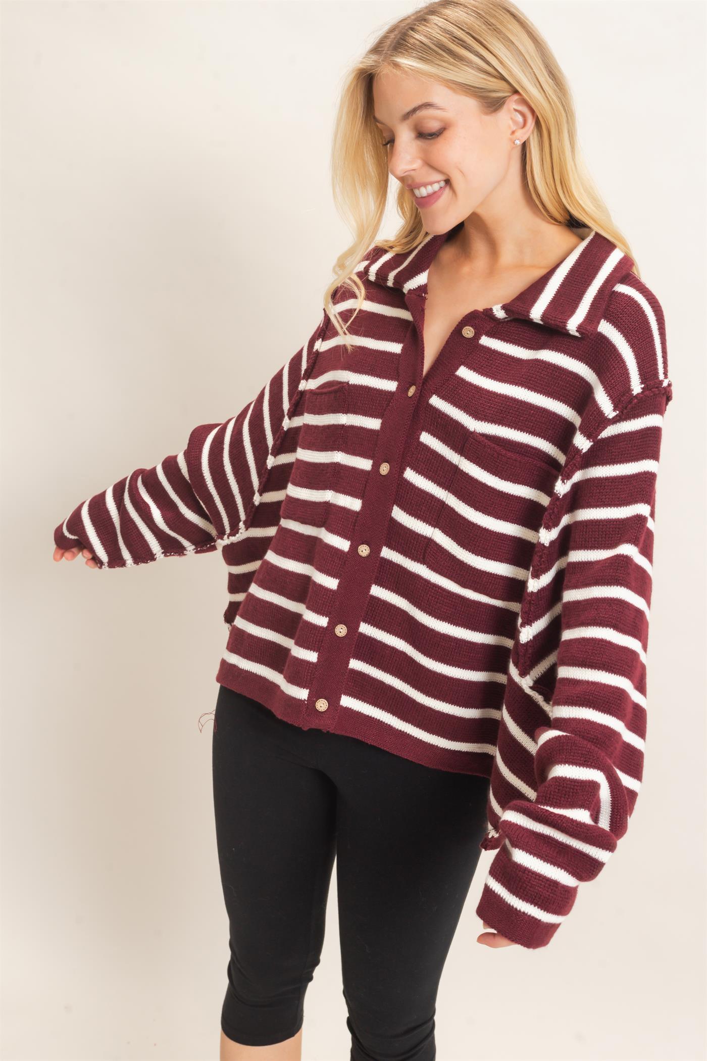 Wholesale Striped Button Front Cardigan Sweaters HF26F197 WINE HYFVE
