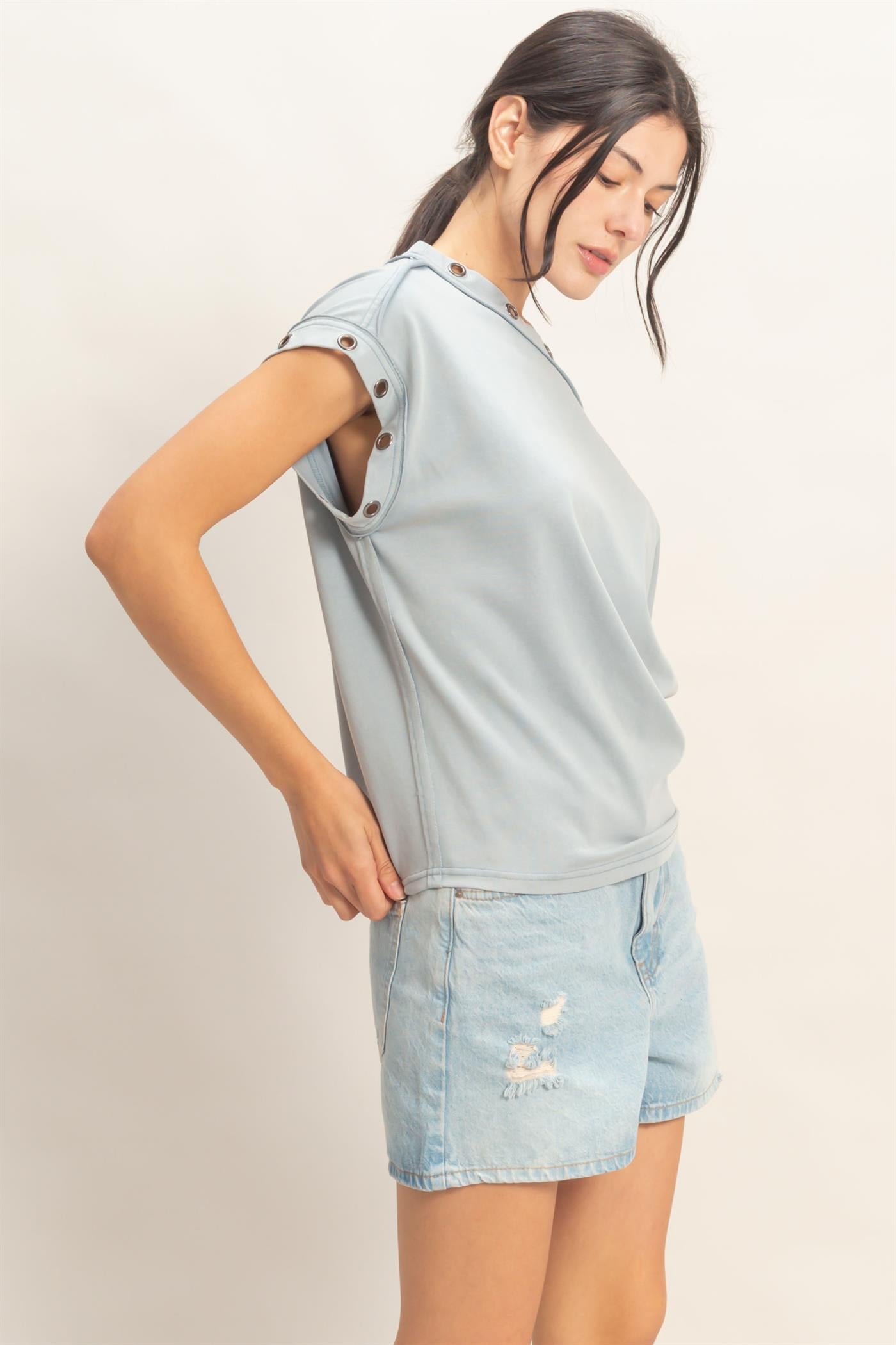 Wholesale Off Shoulder Top With Eyelets T-Shirts HF26E794 MISTY BLUE HYFVE