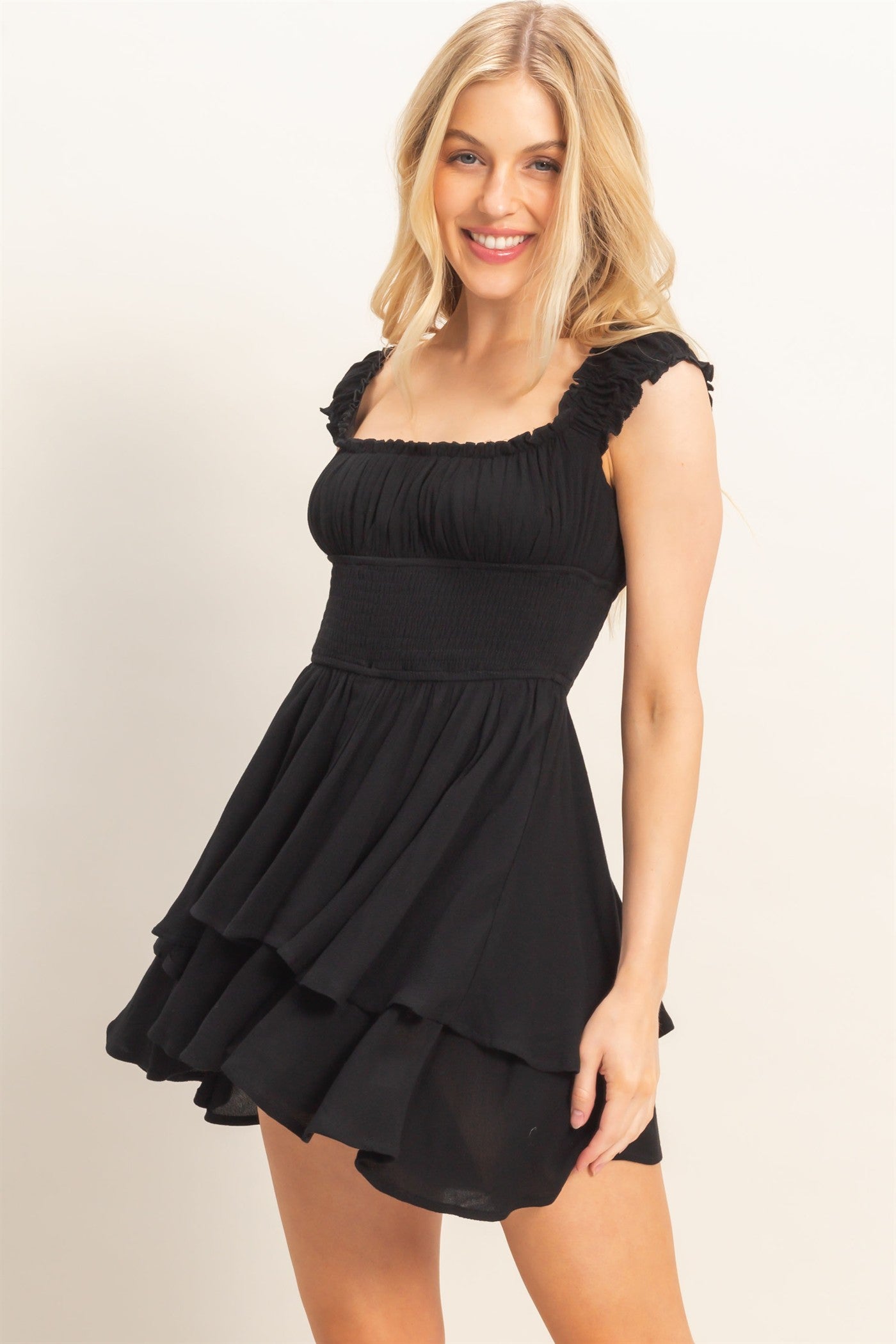 Wholesale Smocked Square Neck Romper Clothing HF26A377 BLACK HYFVE