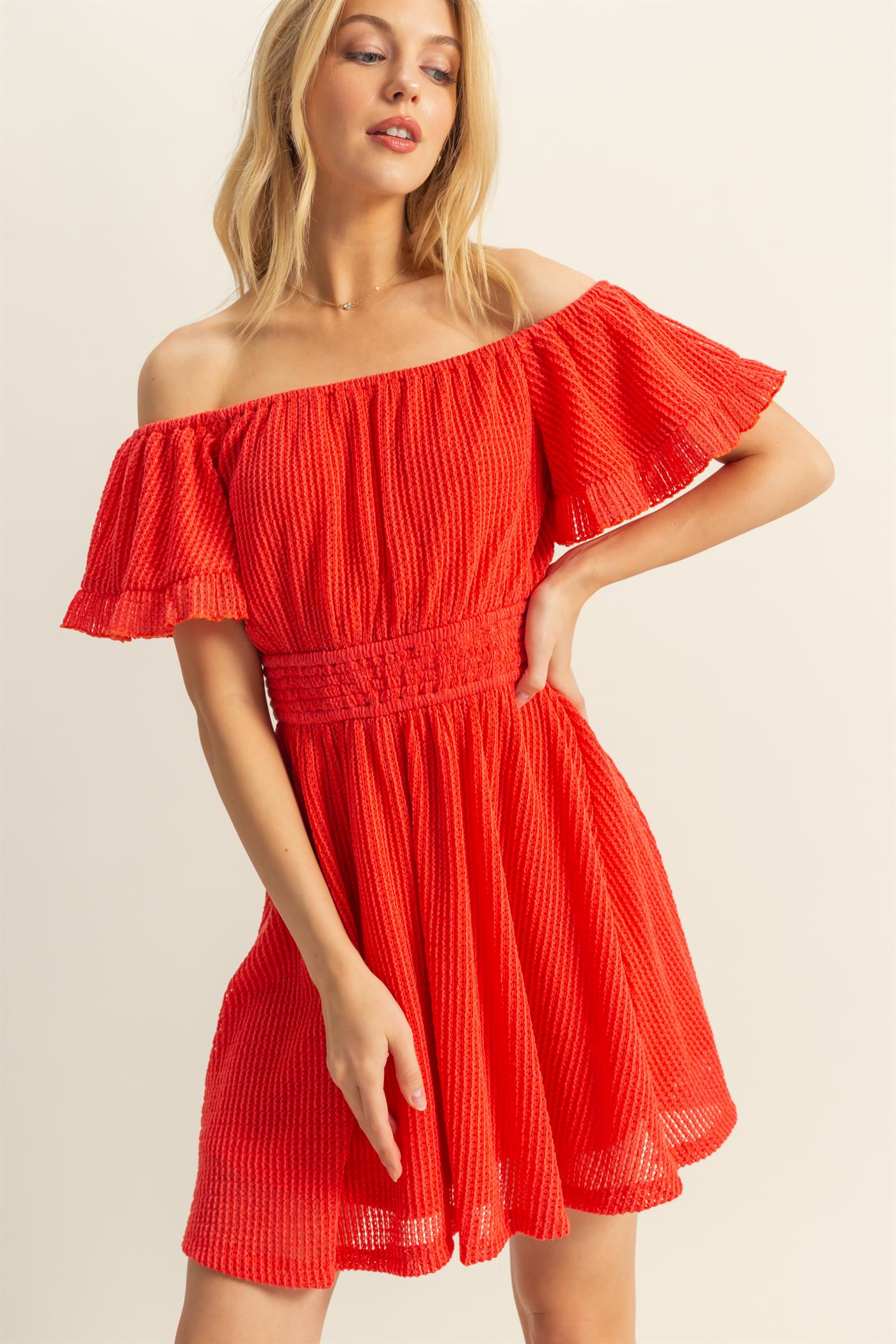 Wholesale Crochet Off-The-Shoulder Mini Dress Dresses HF25E125 CORAL HYFVE