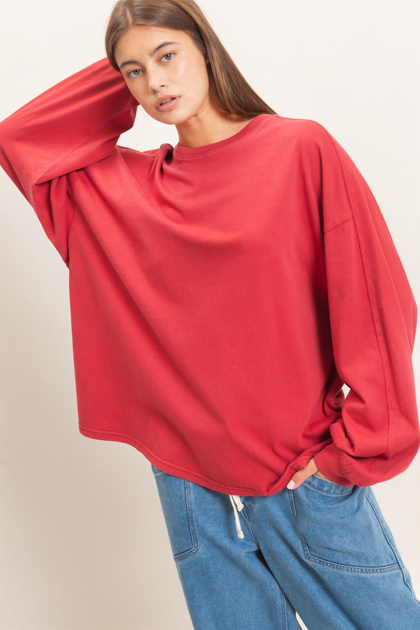 Wholesale Pigment Dye Oversized Long Sleeve Top Clothing Tops DZ26A825 DARK RED DOUBLE ZERO