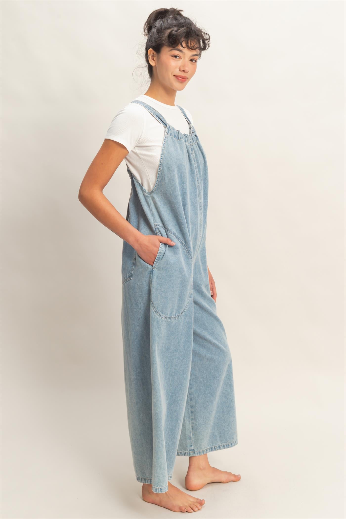 Wholesale Denim Adjustable Strap Jumpsuit Clothing DZ26C414 LIGHT BLUE DOUBLE ZERO