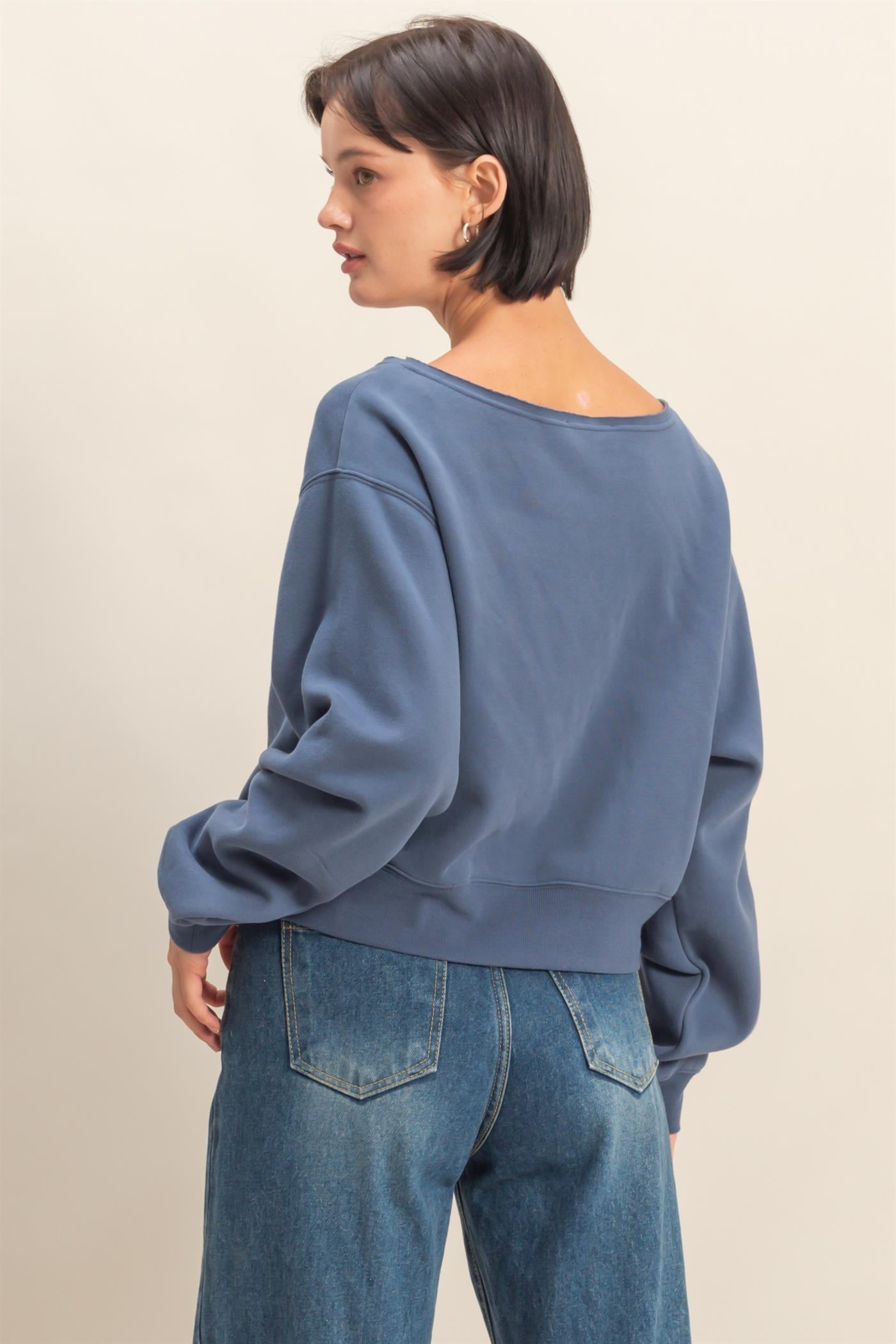 Wholesale Boatneck Long Sleeve Pullover Sweatshirt Sweatshirts DZ25E407 DUSTY NAVY DOUBLE ZERO