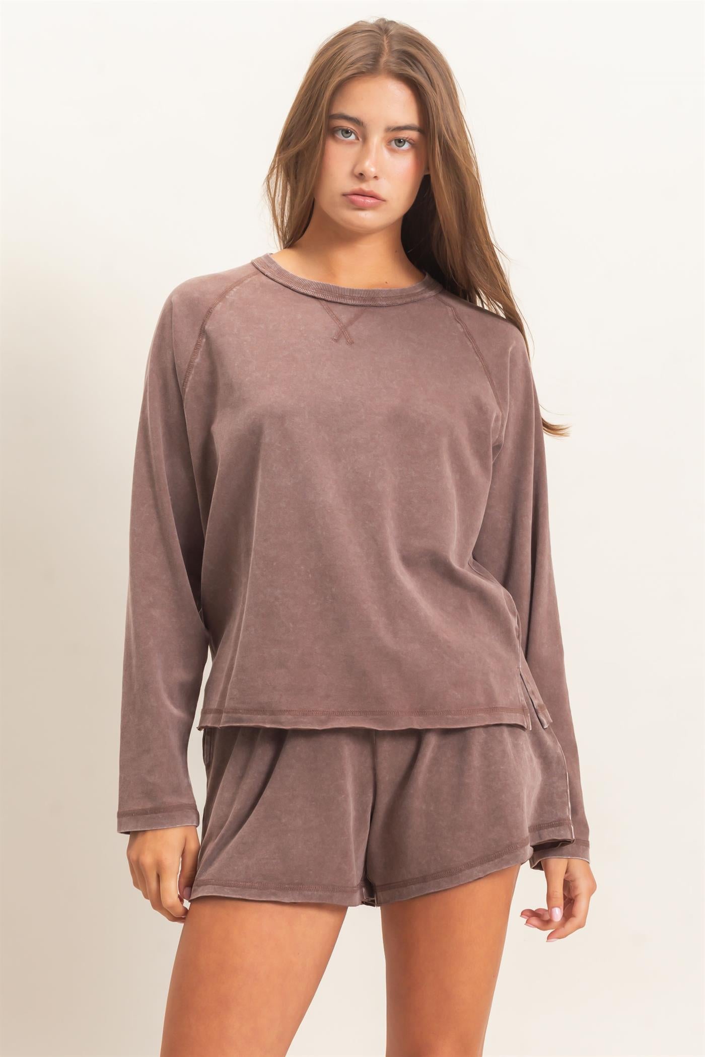 Wholesale Mineral Wash Long Sleeve Raw Edge Top & Shorts Set Clothing DZ26F403-SET DARK BROWN DOUBLE ZERO