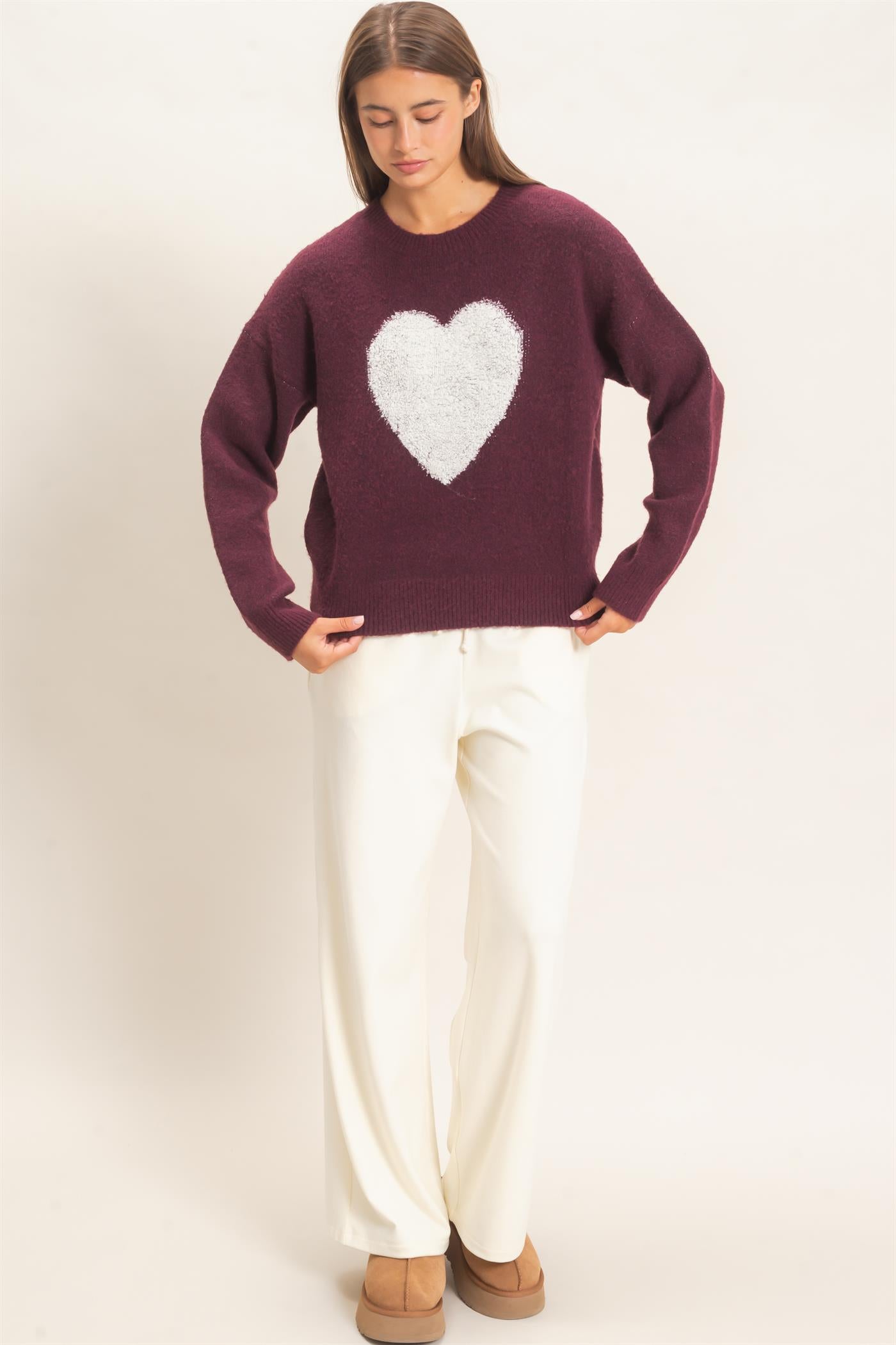 Wholesale Heart Graphic Sweater Sweaters DZ26E430 DARK CHERRY DOUBLE ZERO
