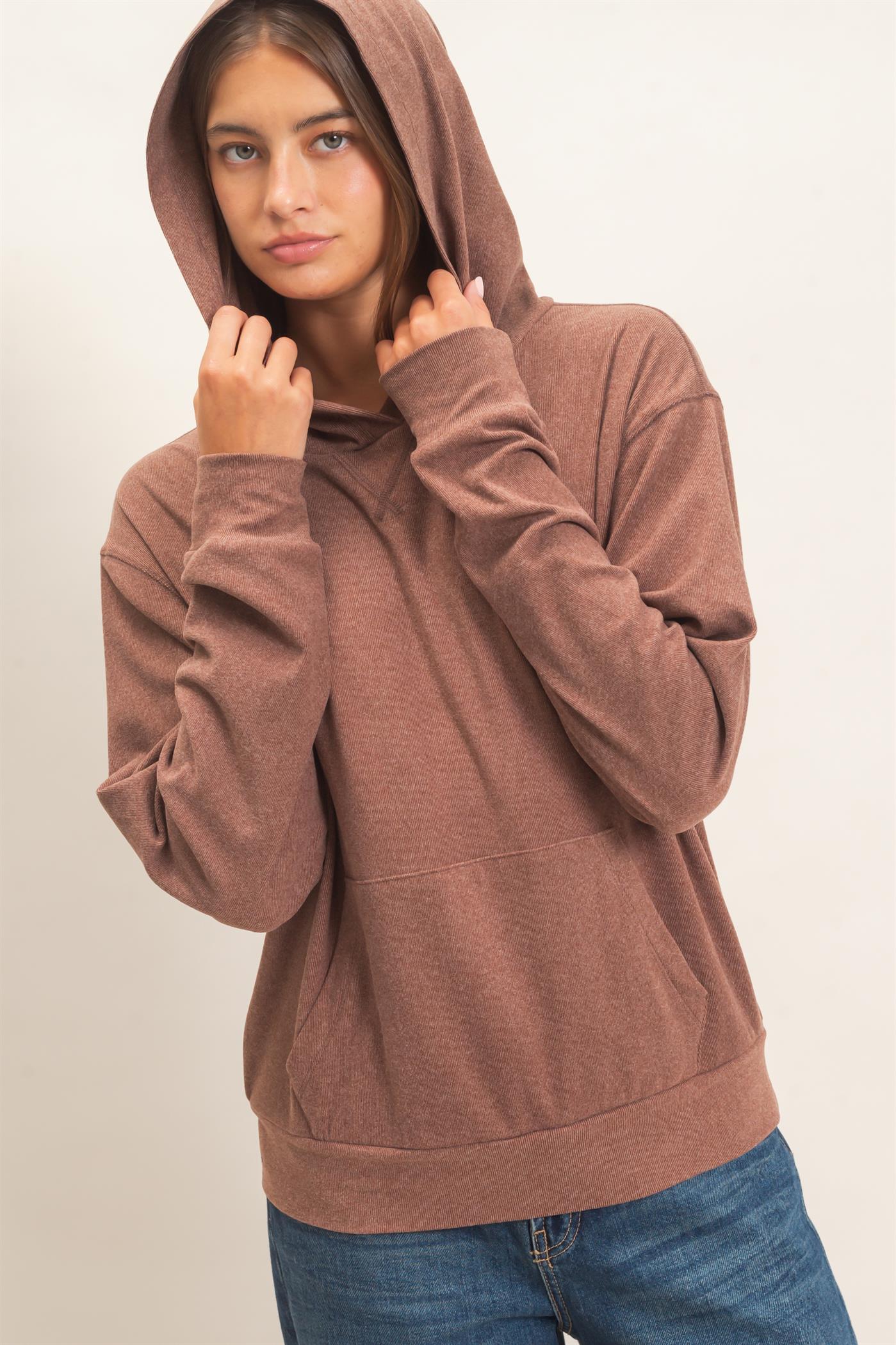 Wholesale Long Sleeve Hoodie With Kangaroo Pocket Hoodies DZ26F276 DARK BROWN DOUBLE ZERO