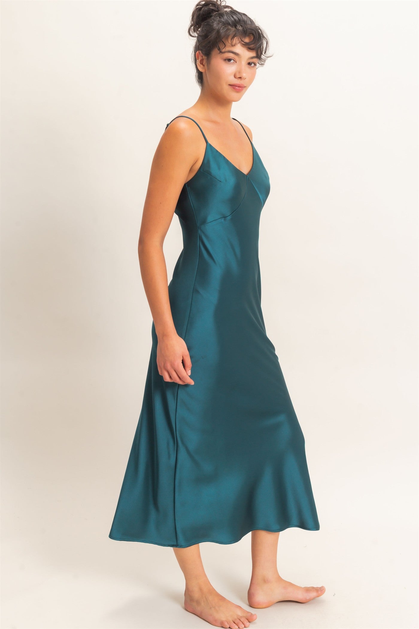 Wholesale Satin V-Neck Slip Dress Dresses DZ26E262 DARK TEAL DOUBLE ZERO
