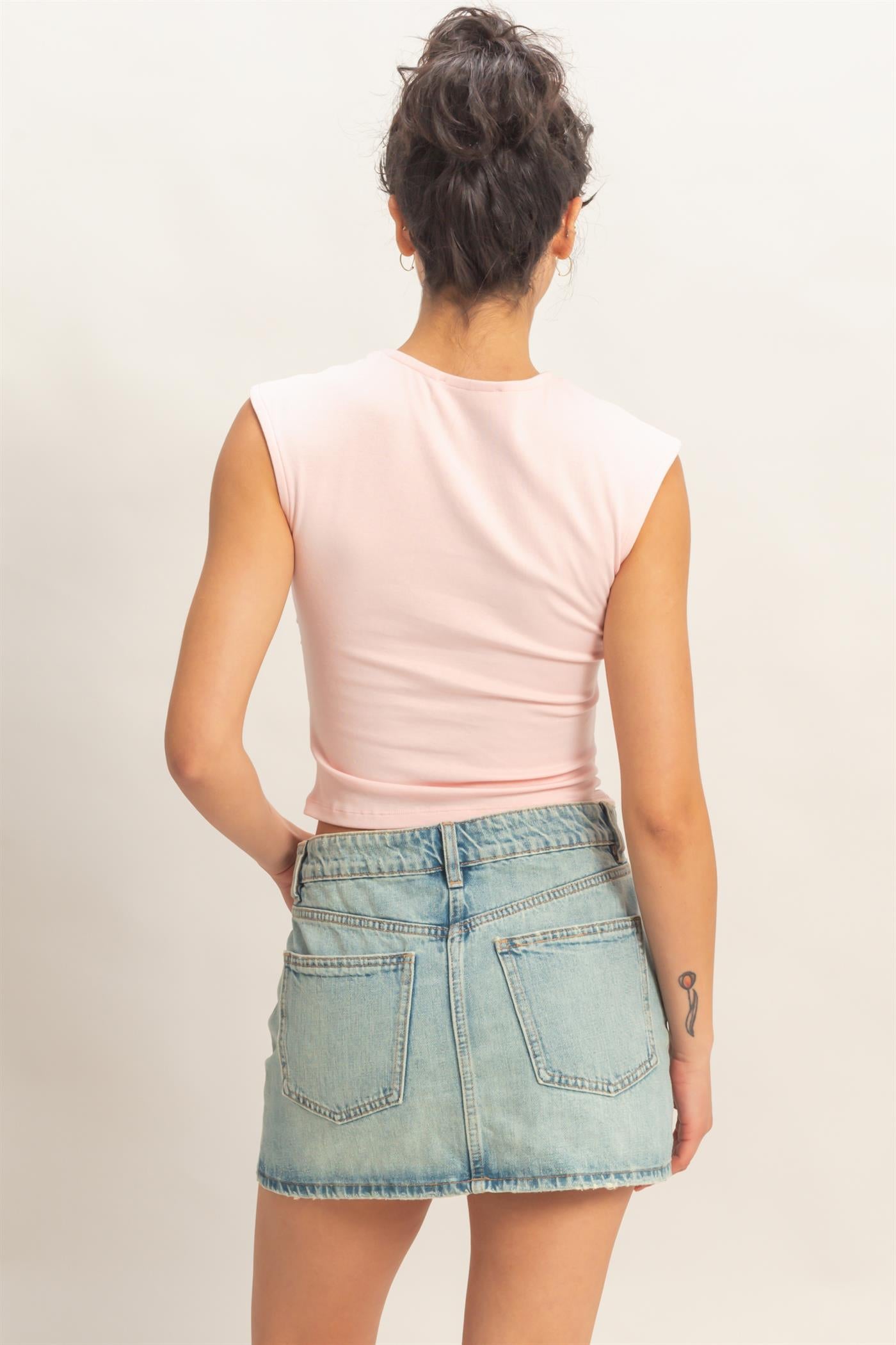 Wholesale Ruched Waist Cap Sleeve Top Clothing Tops DZ26A889 SOFT PINK DOUBLE ZERO