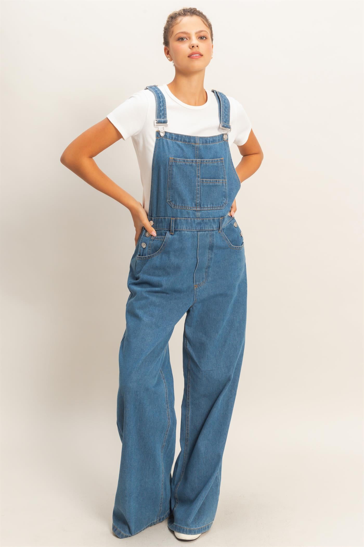 Wholesale Snow Wash Denim Overalls Clothing HF26C185 MEDIUM BLUE HYFVE
