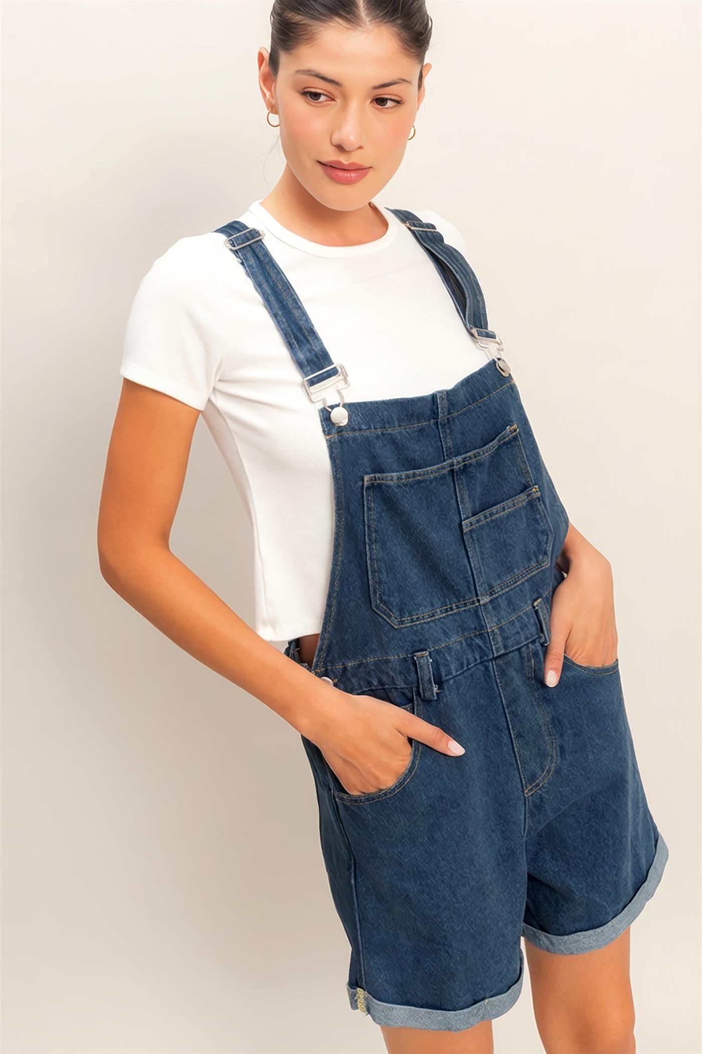 Wholesale Denim Cross Back Overalls Clothing HF26A571 DARK DENIM HYFVE