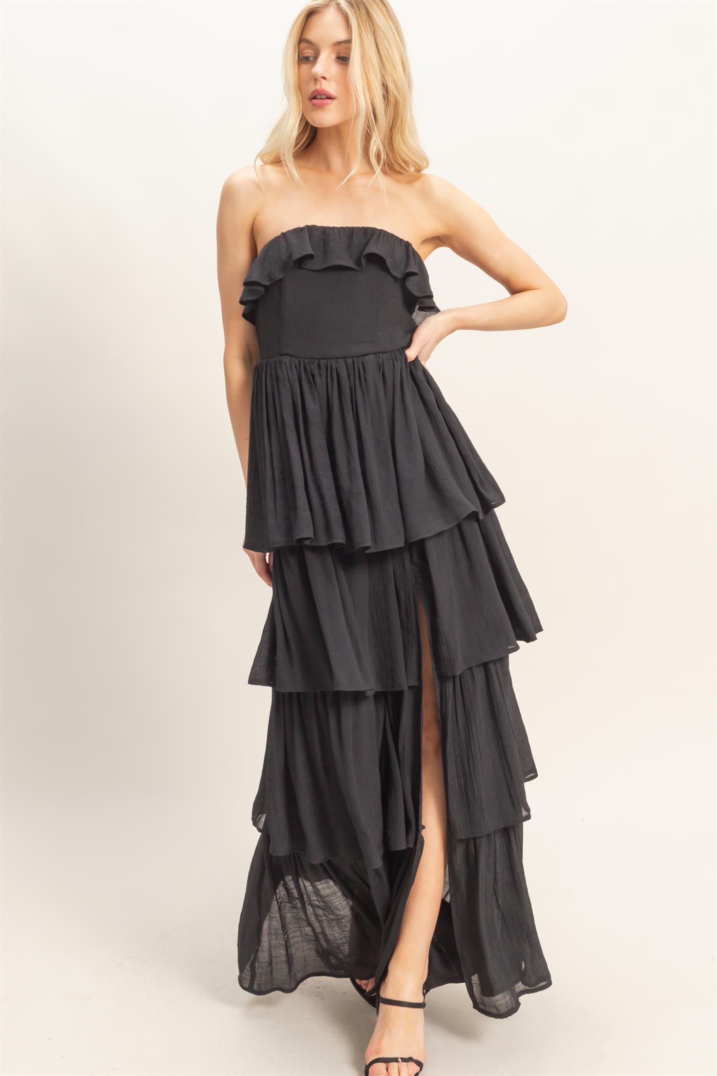 Wholesale Tiered Strapless Ruffle Dress Dresses HF26A616-D BLACK HYFVE