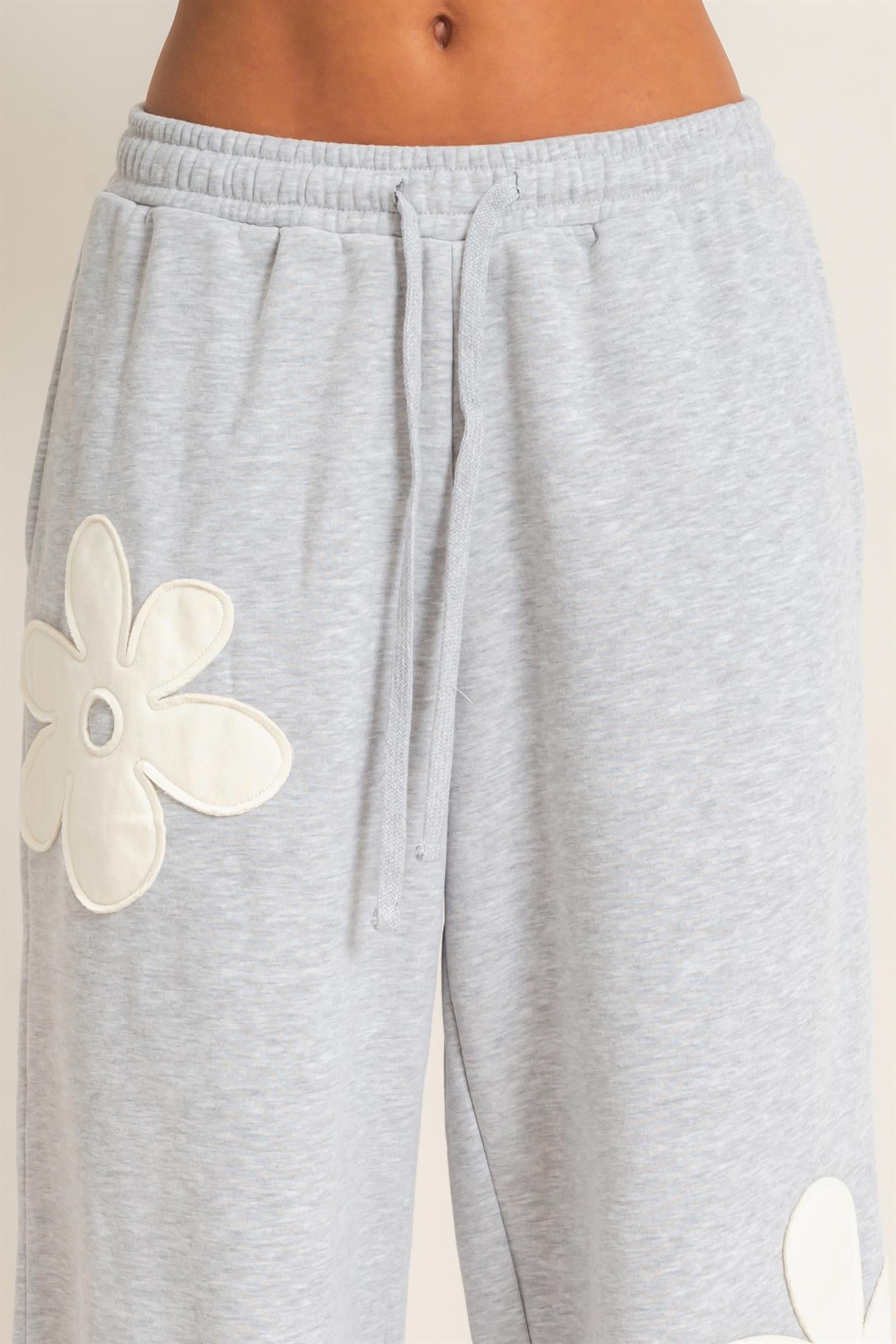 Wholesale Floral Applique Drawstring Jogger Pants Joggers DZ26F308 HEATHER GRAY DOUBLE ZERO