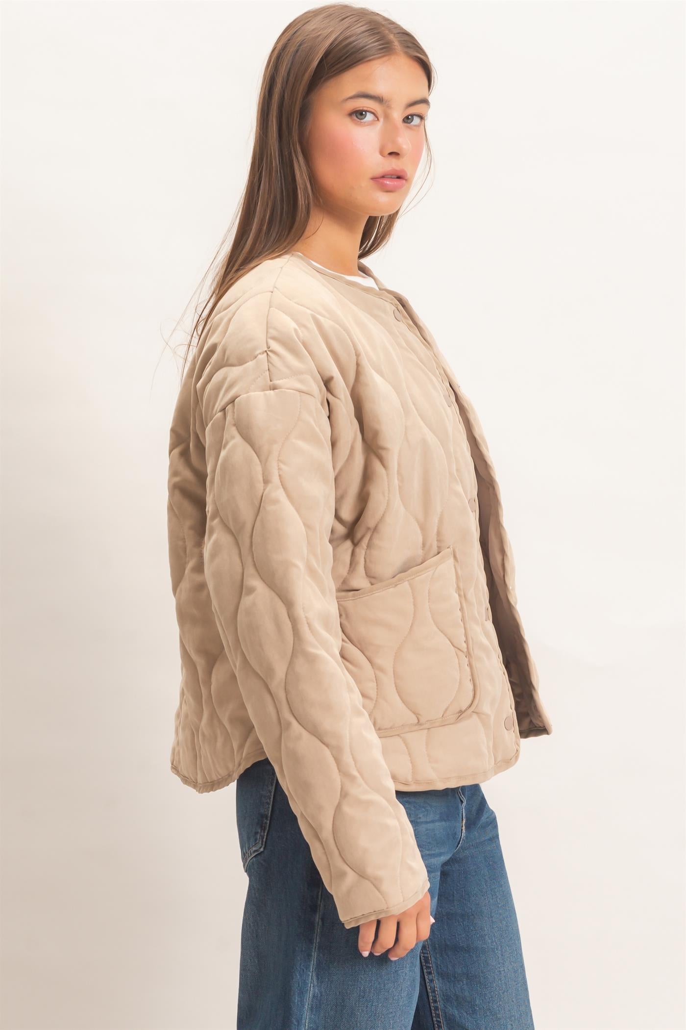 Wholesale Quilted Button Front Jacket Coats & Jackets DZ26F254 TAUPE DOUBLE ZERO