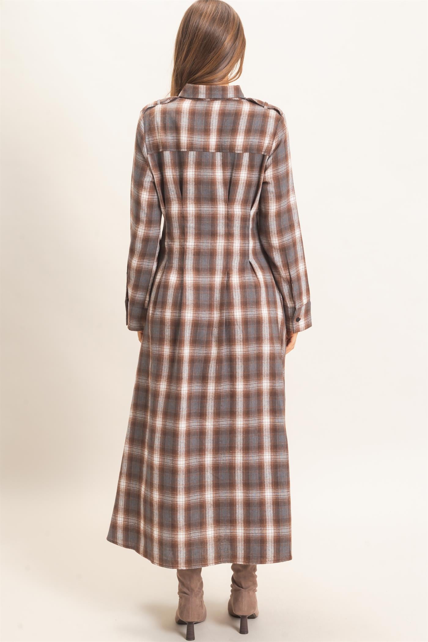 Wholesale Plaid Button-Down Maxi Dress Dresses HF26E999 BROWN HYFVE
