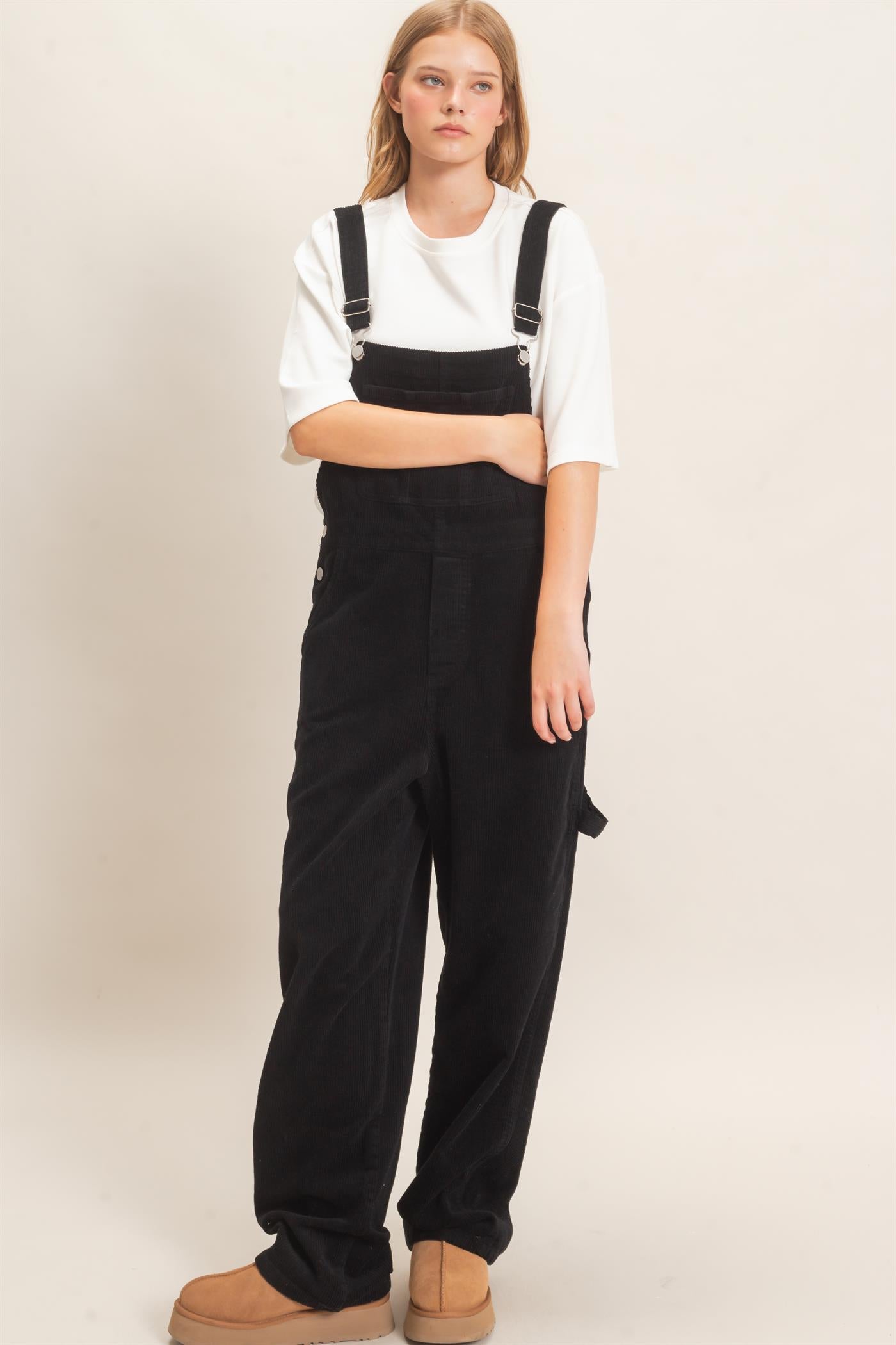 Wholesale Mineral Wash Corduroy Overalls Clothing HF26F210-D BLACK HYFVE