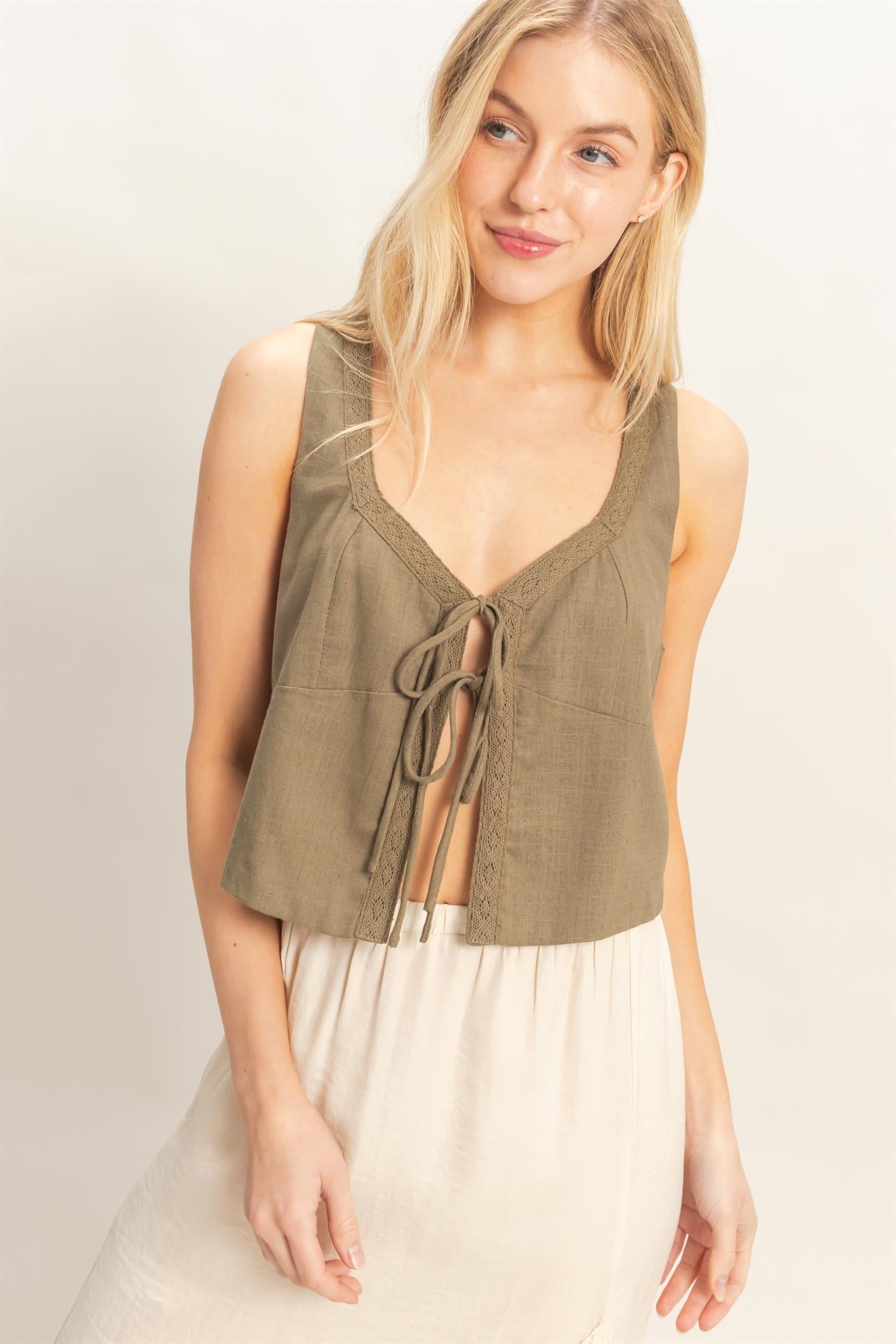 Wholesale Sleeveless Tie-Front Top Blouses HF26C298 OLIVE HYFVE