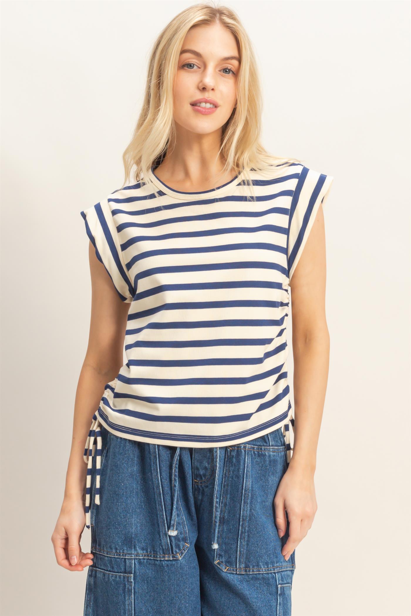 Wholesale Striped Sleeveless Tie-Side Top Clothing Tops HF26A500 NAVY HYFVE
