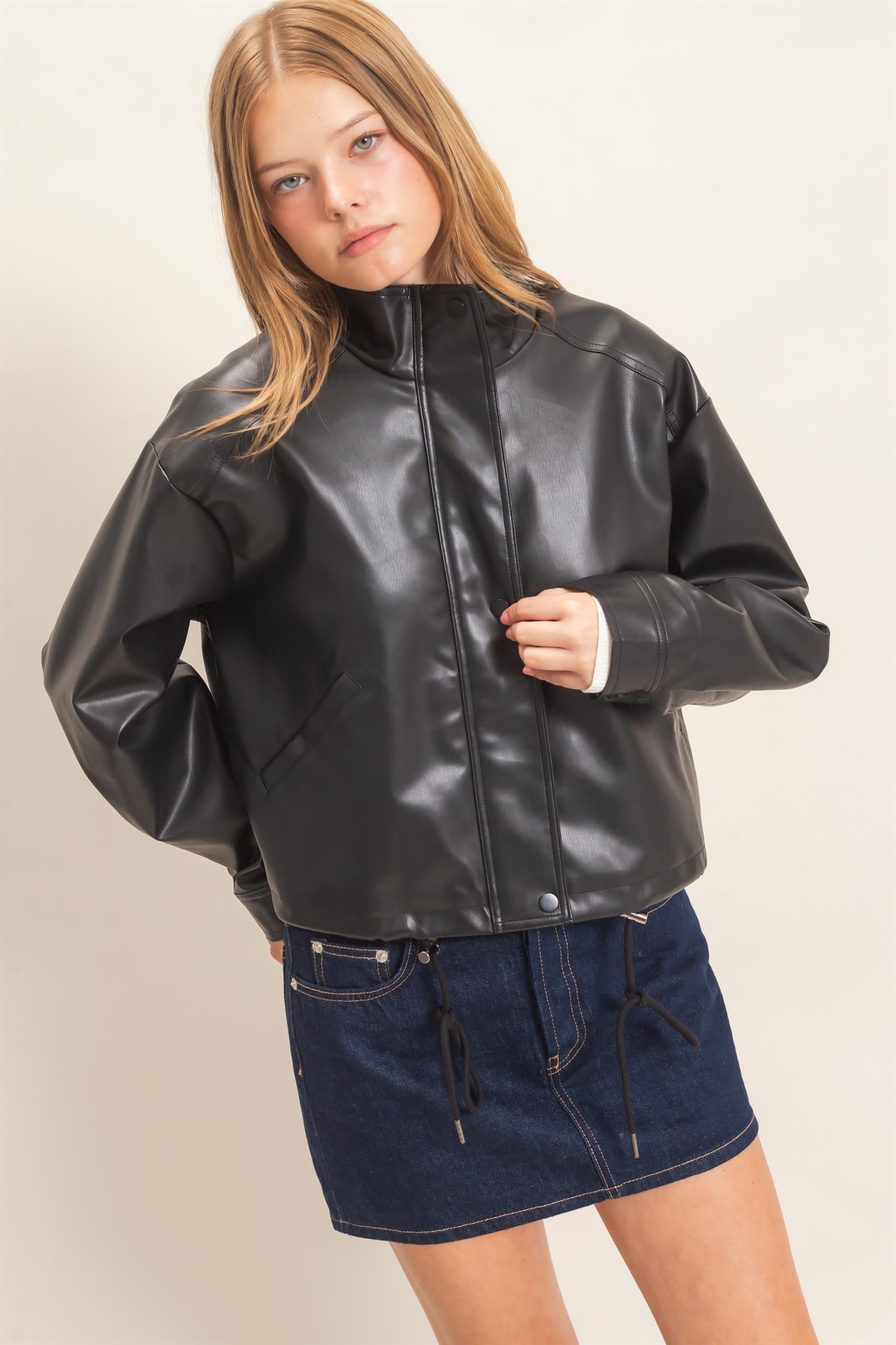 Wholesale Faux Leather Jacket With Stand Collar Bomber Jackets HF25F452 BLACK HYFVE